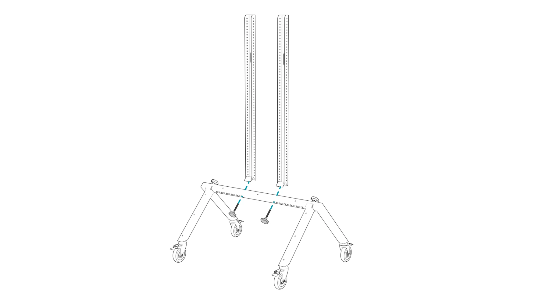 Two display rails aligned above the base, with knob screws aligned below their attachment points.