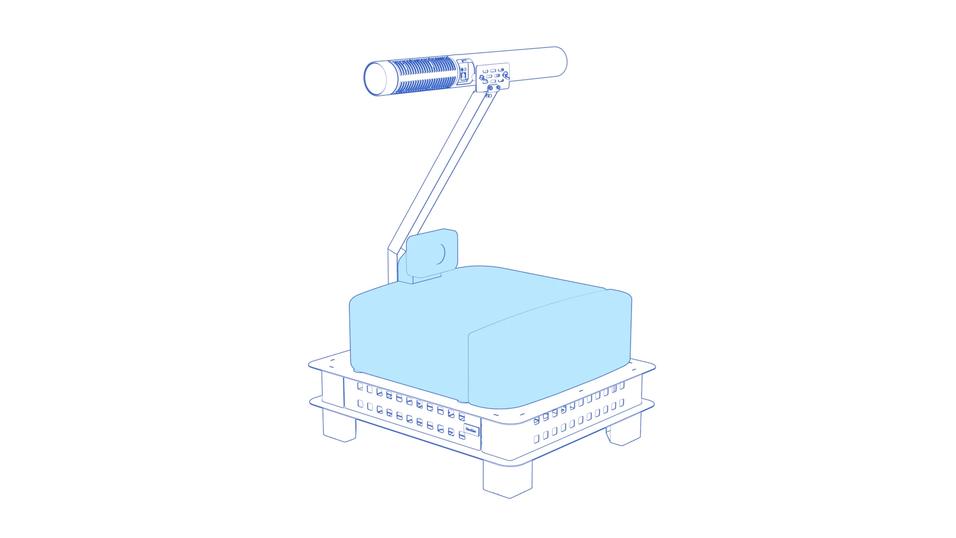 Projector on the upper stand surface with its lens housing directed away from the neck.