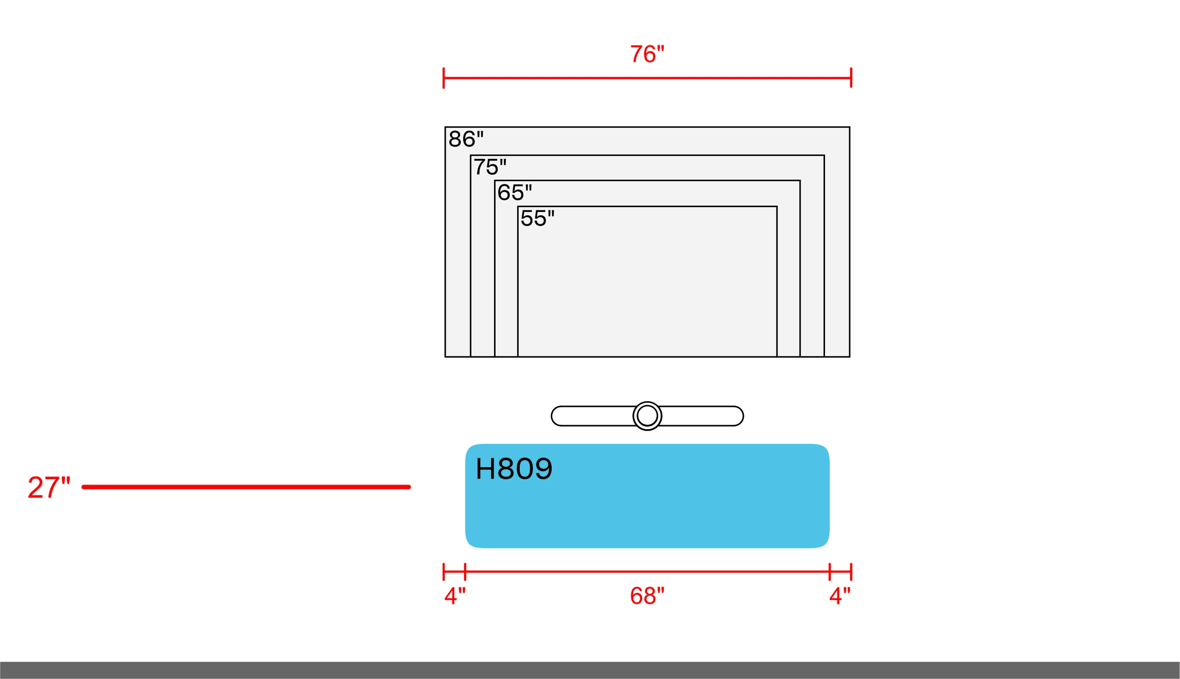 Single-display examples above one H809 panel, with a 76-inch illustrated layout width. The 27-inch mounting reference, panel widths, and spacing dimensions are shown.