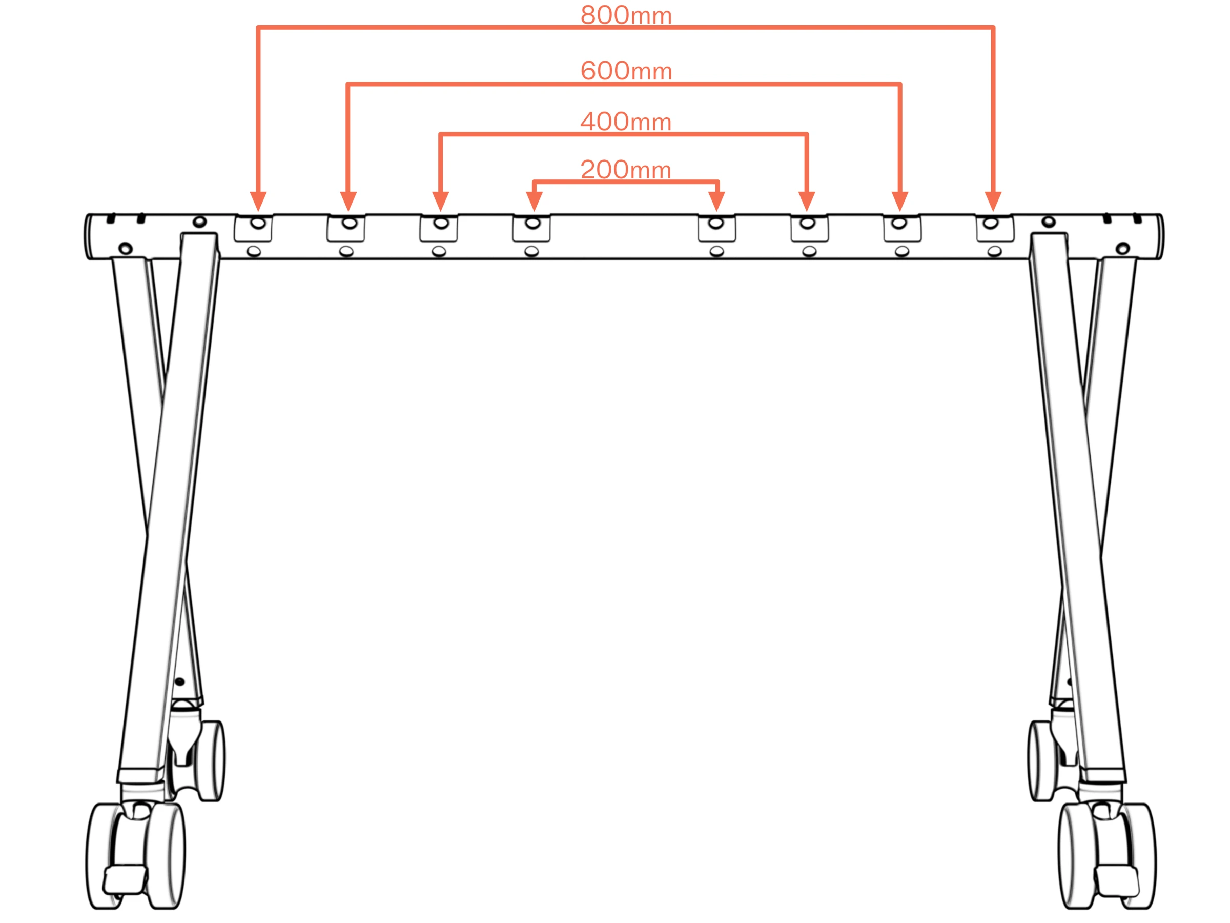 Beam sockets labeled for 200, 400, 600, and 800 mm horizontal VESA spacing.