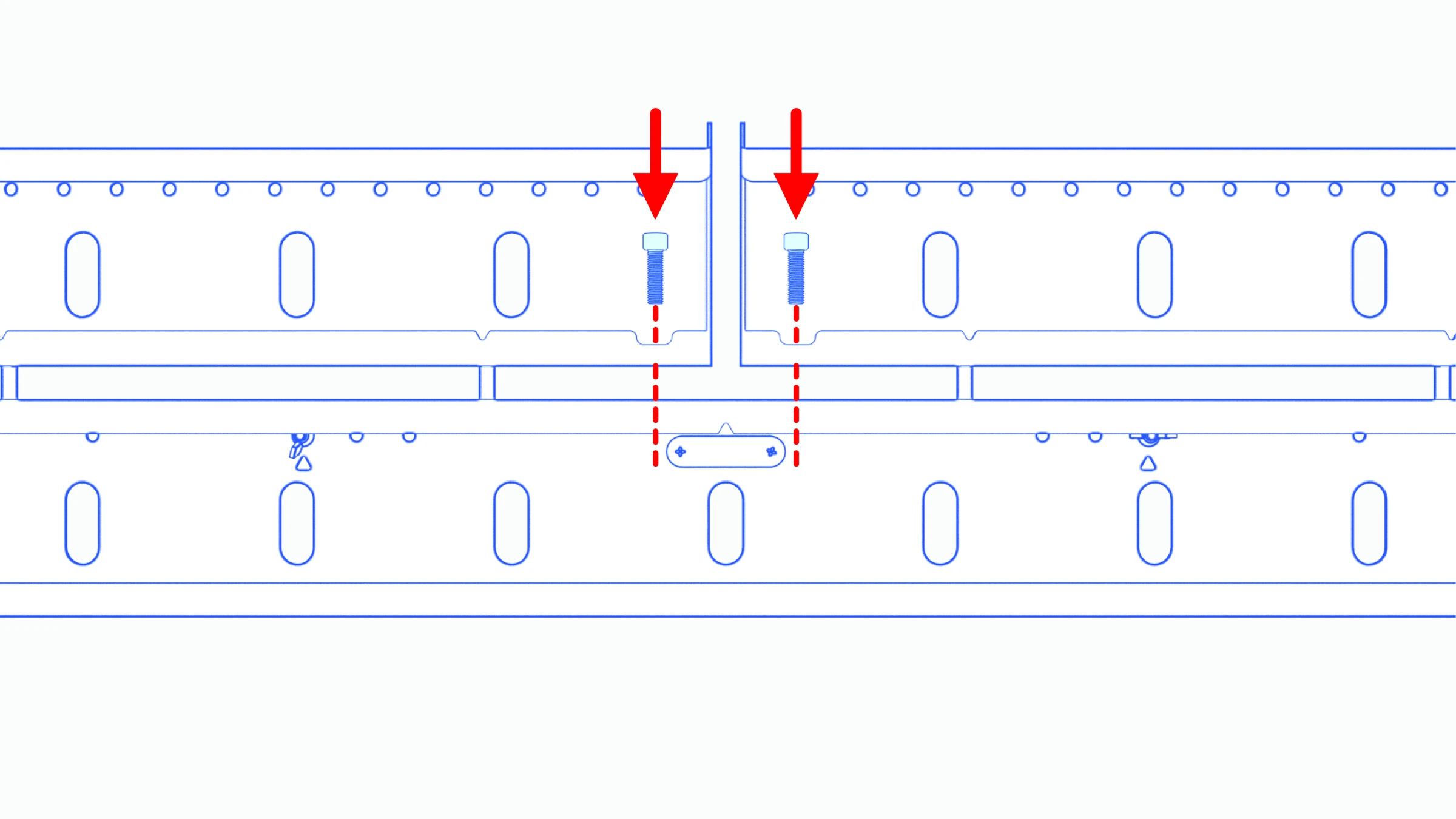 Leveling screws aligned with the bar and beam connections.
