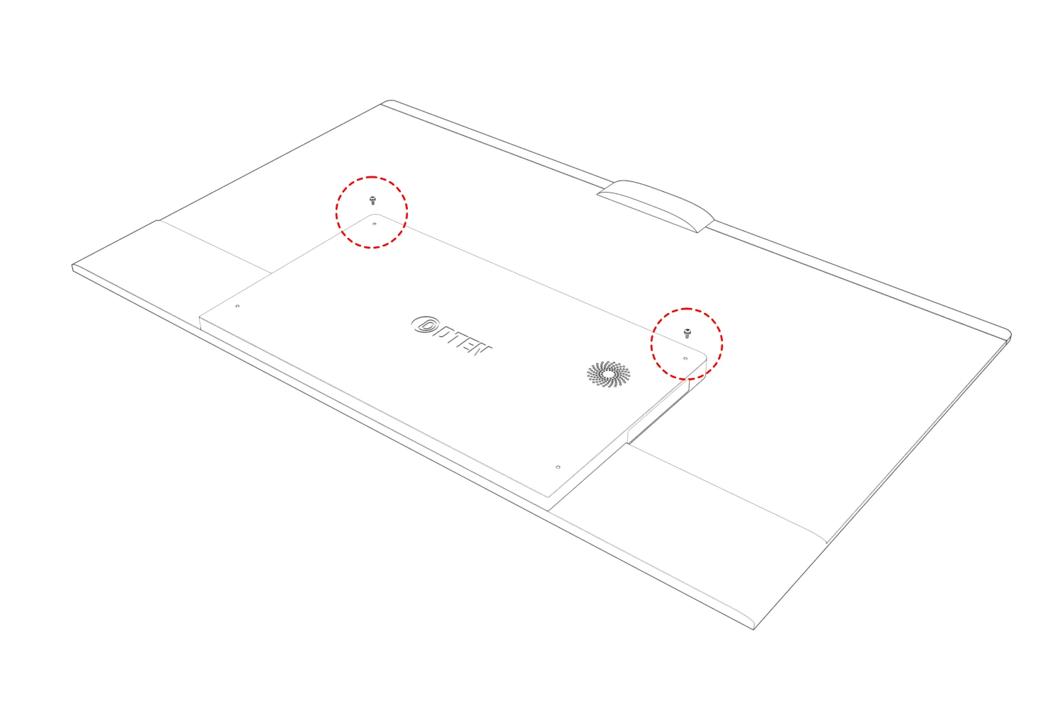 Rear of the D7 75 display with its top two mounting holes circled.