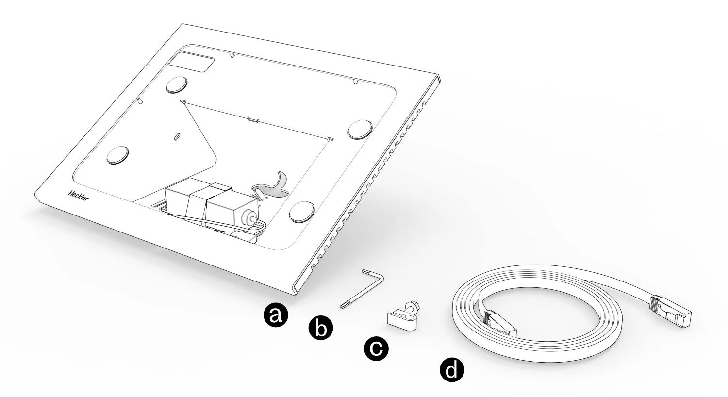 Included components labeled a-d: Zoom Rooms Console with its installed adapter, assembly key, cable anchor, and coiled Ethernet cable.