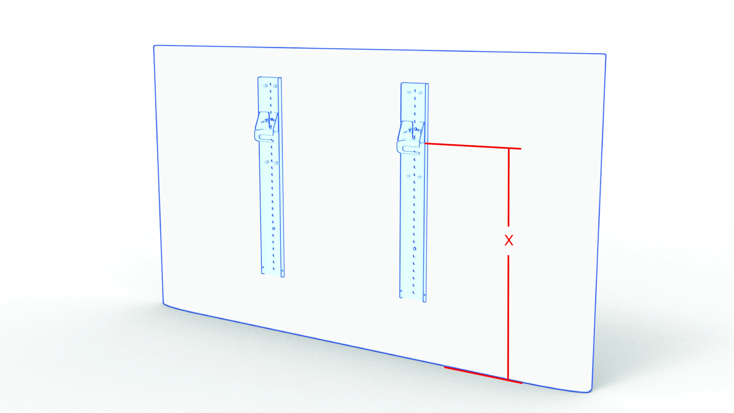 Right-hand display rails positioned with their hooks at Measurement X.