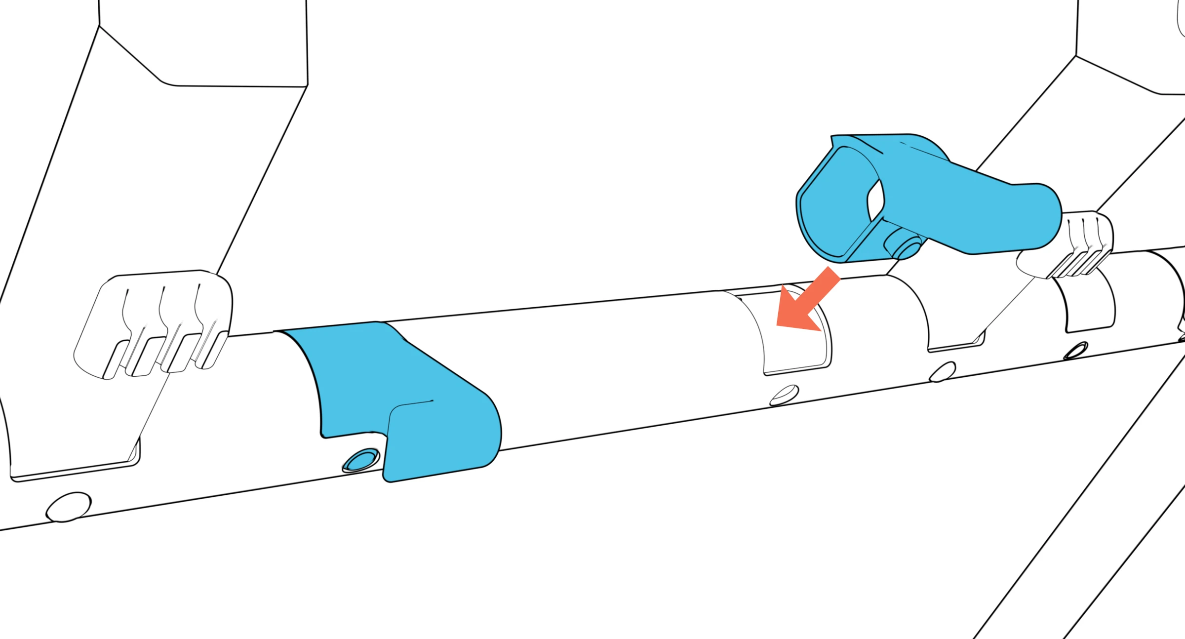 A cord-wrap hook aligned with its beam socket, with the opposite hook already installed.