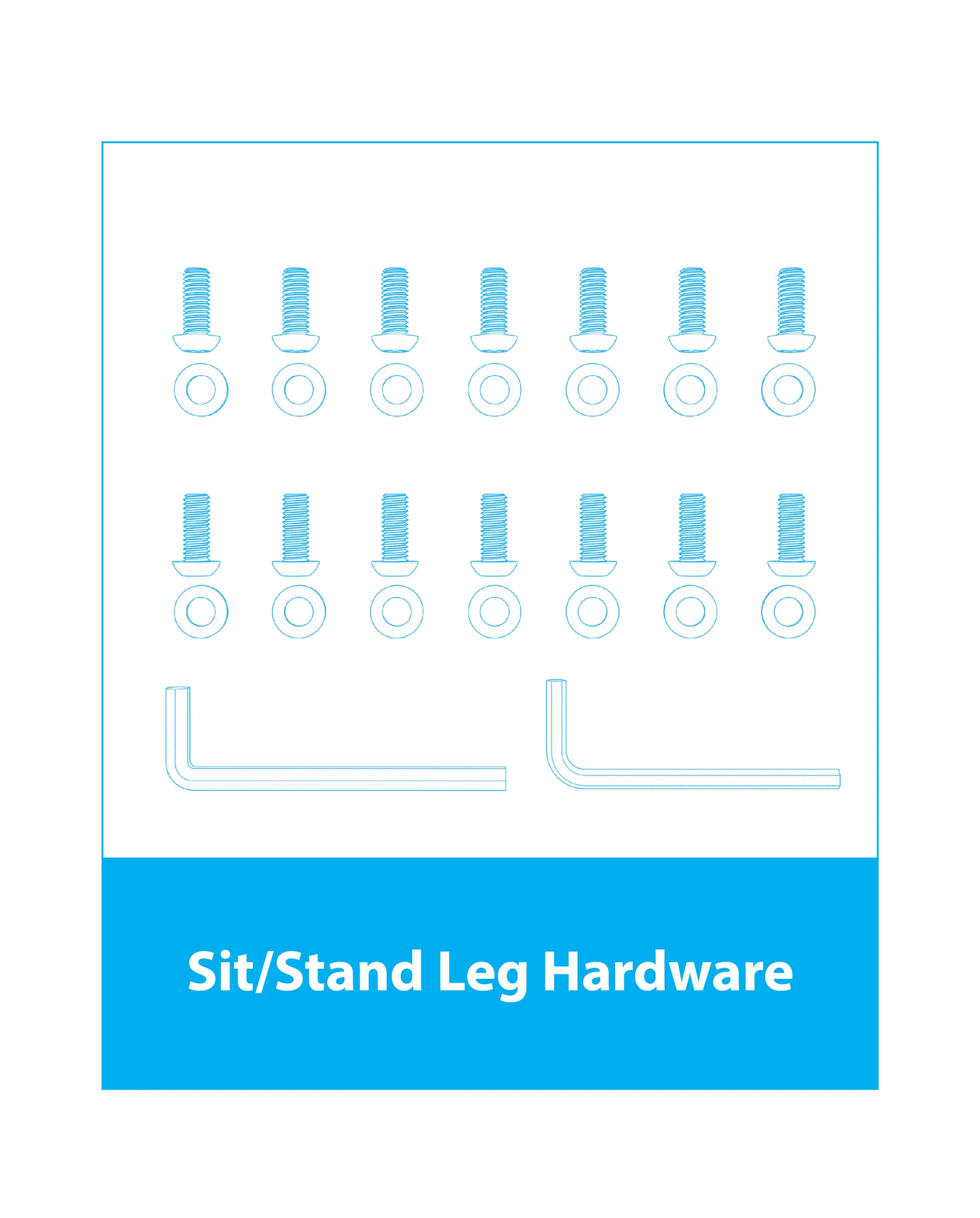 Sit/stand leg hardware pack with screws, washers, and two hex keys.