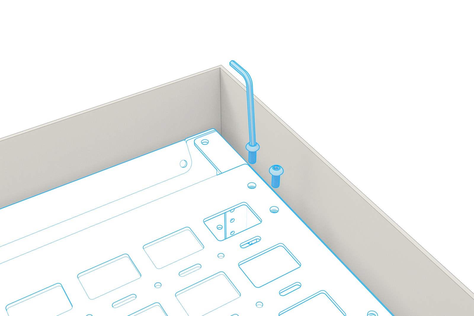 Animation showing two front-corner screws removed with a hex key.