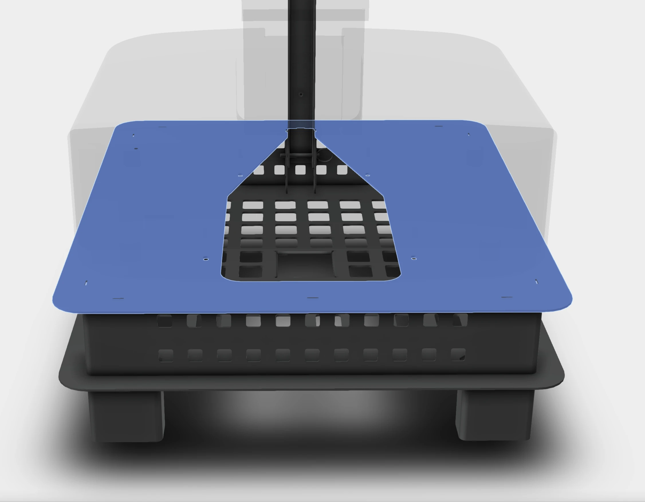 Top shelf highlighted beneath a transparent projector, showing the large cable opening.