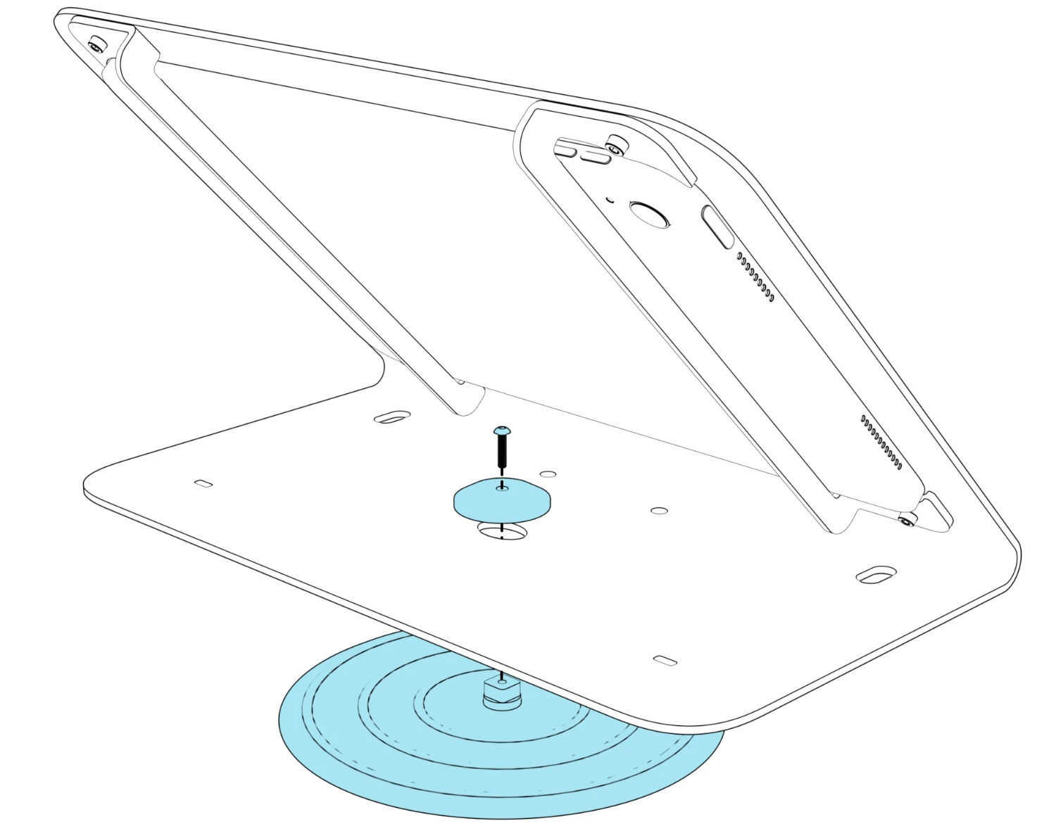 Exploded view of a PivotTable beneath the stand base, with its central cap and screw aligned above the opening.