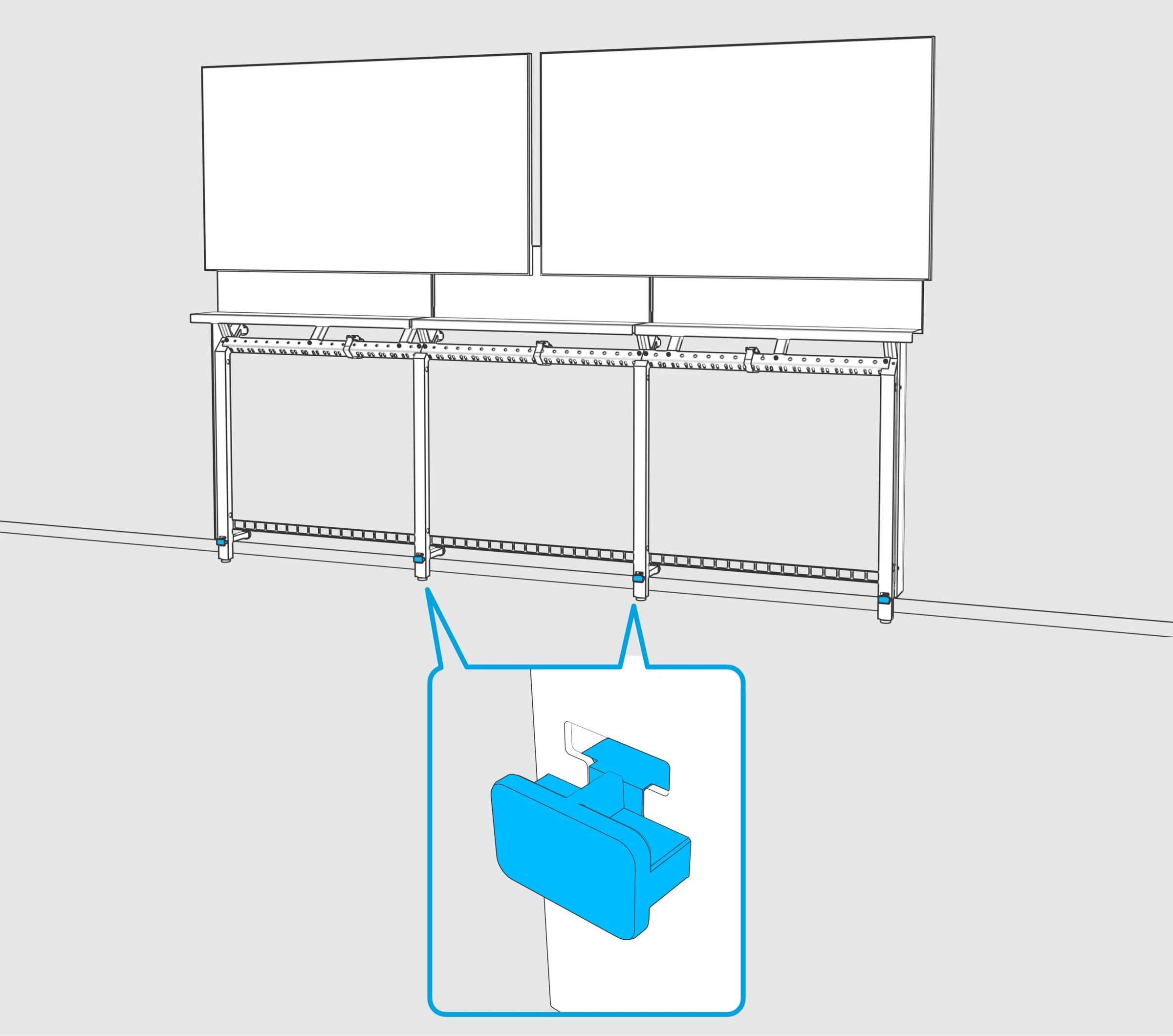 Framework with two displays and open lower bays; close-up highlights the inner-leg front panel support with its divider facing upward.