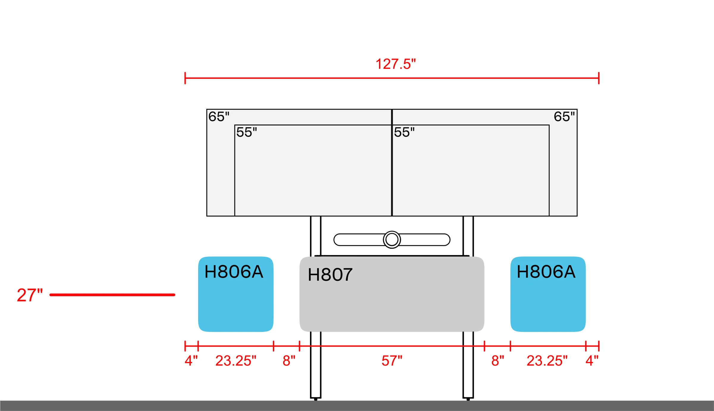 Dual-display examples on H800 AV Wall above H807 and one H806A pair, with a 127.5-inch layout width. The 27-inch mounting reference, panel widths, and spacing dimensions are shown.