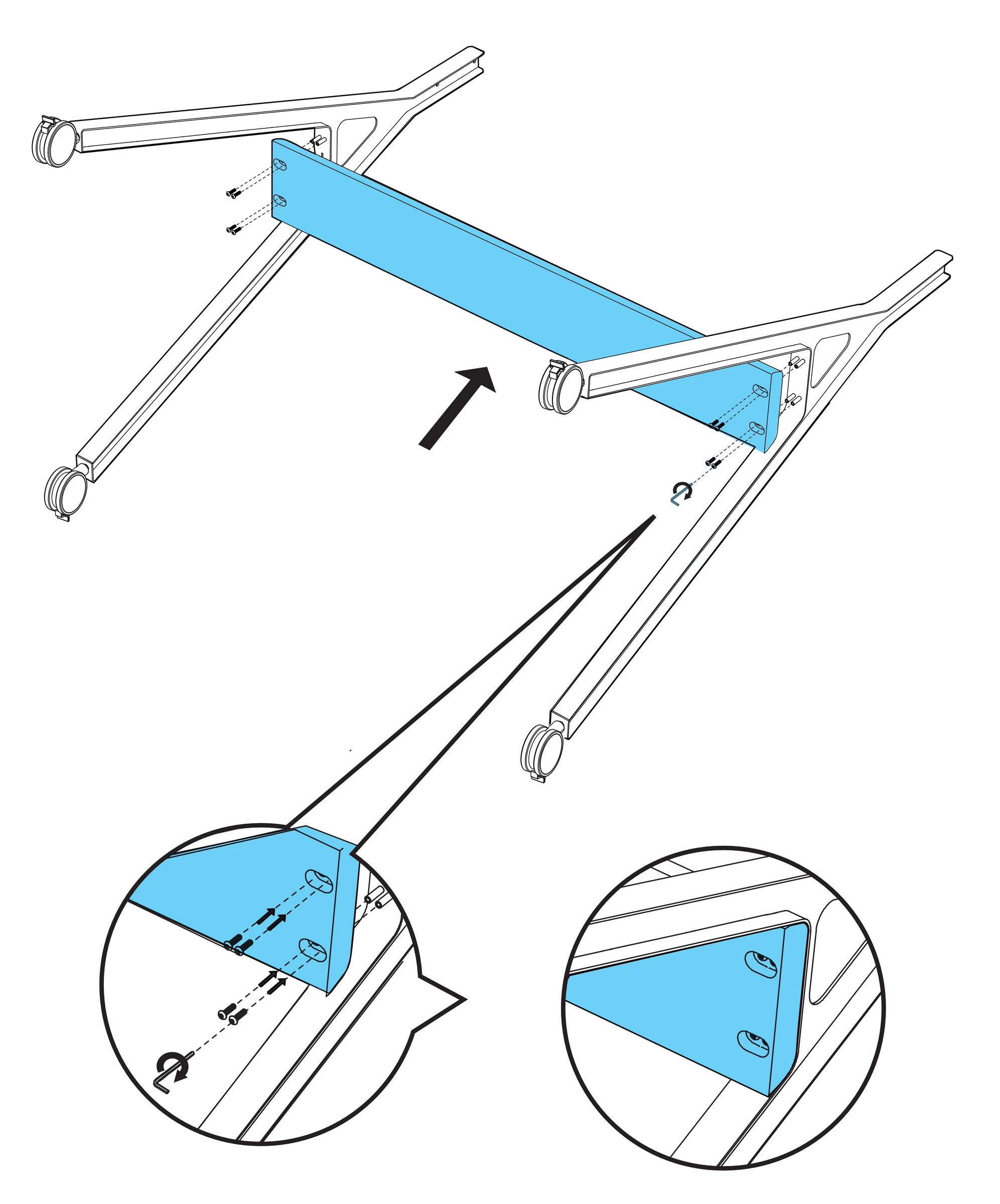 Wood shelf positioned between the legs, with mounting-screw locations enlarged in two detail views.