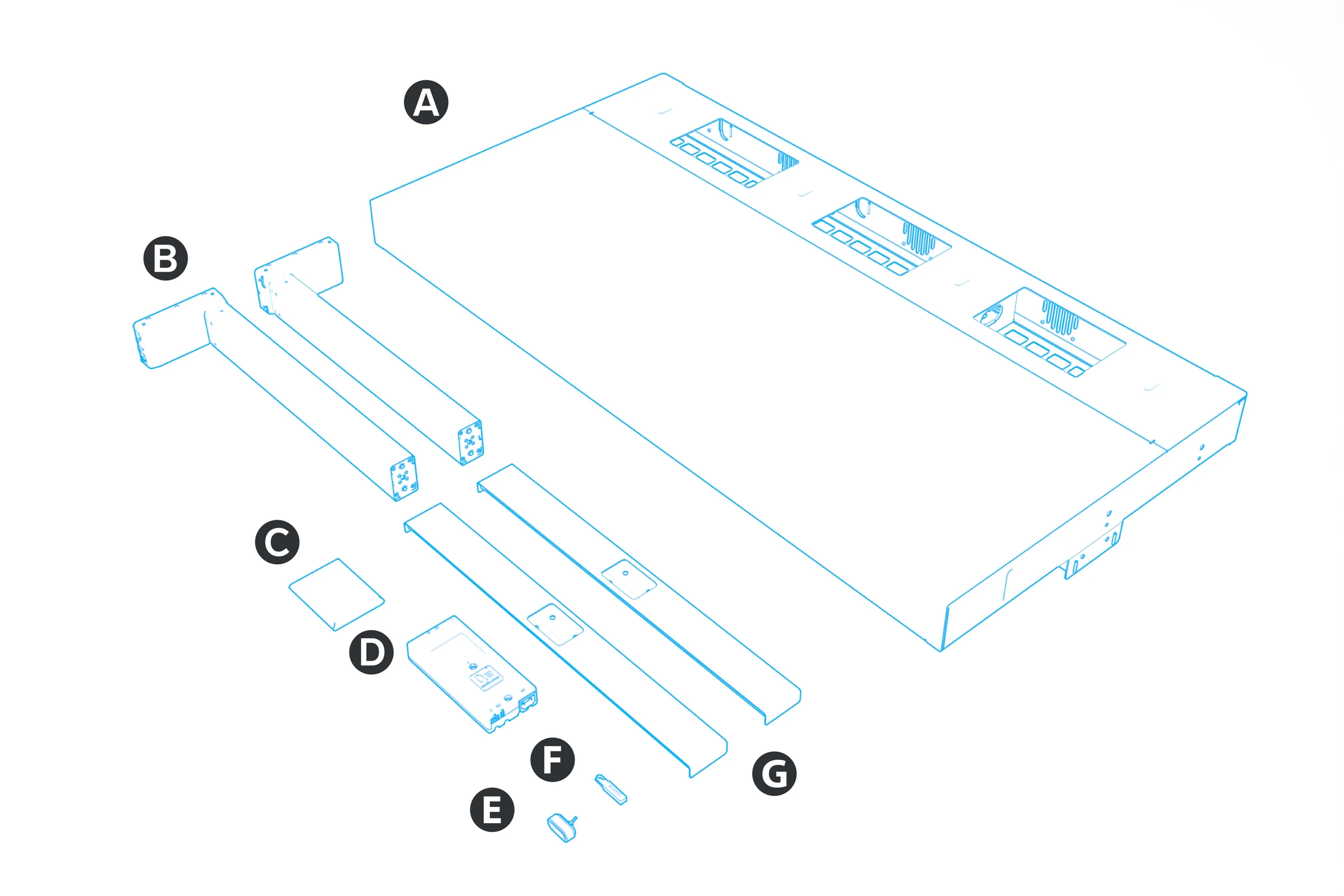 Included lectern body, two lift columns, assembly hardware bag, sit/stand controller and switch, anti-collision sensor, and feet.