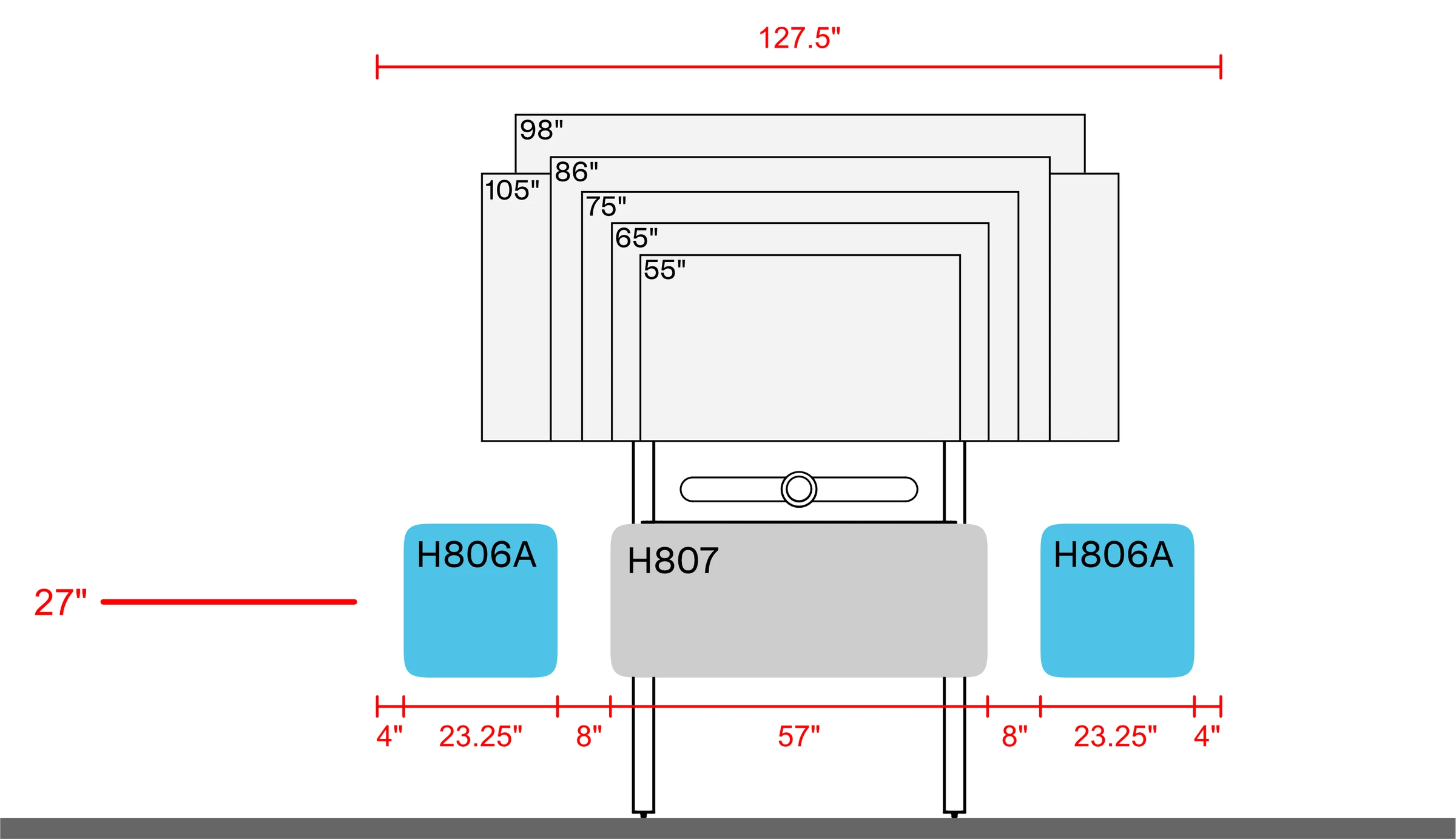 Single-display examples on H800 AV Wall above H807 and one H806A pair, with a 127.5-inch layout width. The 27-inch mounting reference, panel widths, and spacing dimensions are shown.
