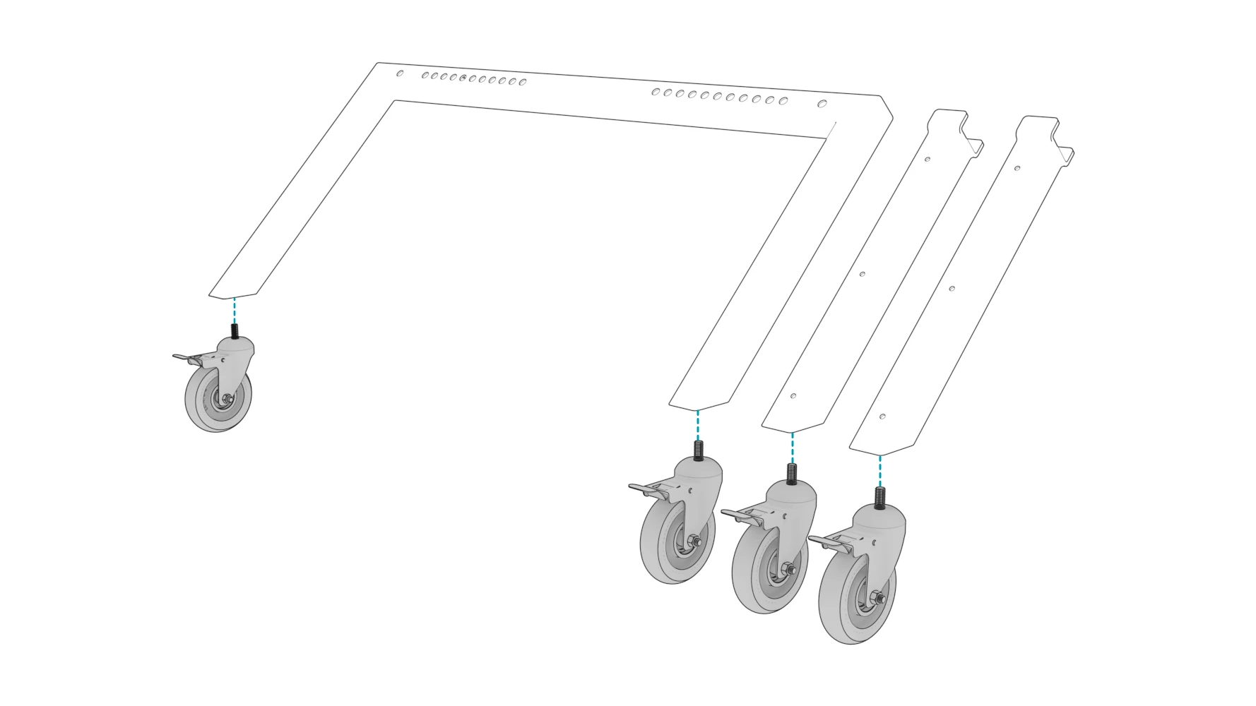 Four casters aligned with the mounting holes beneath the front base and two rear legs.