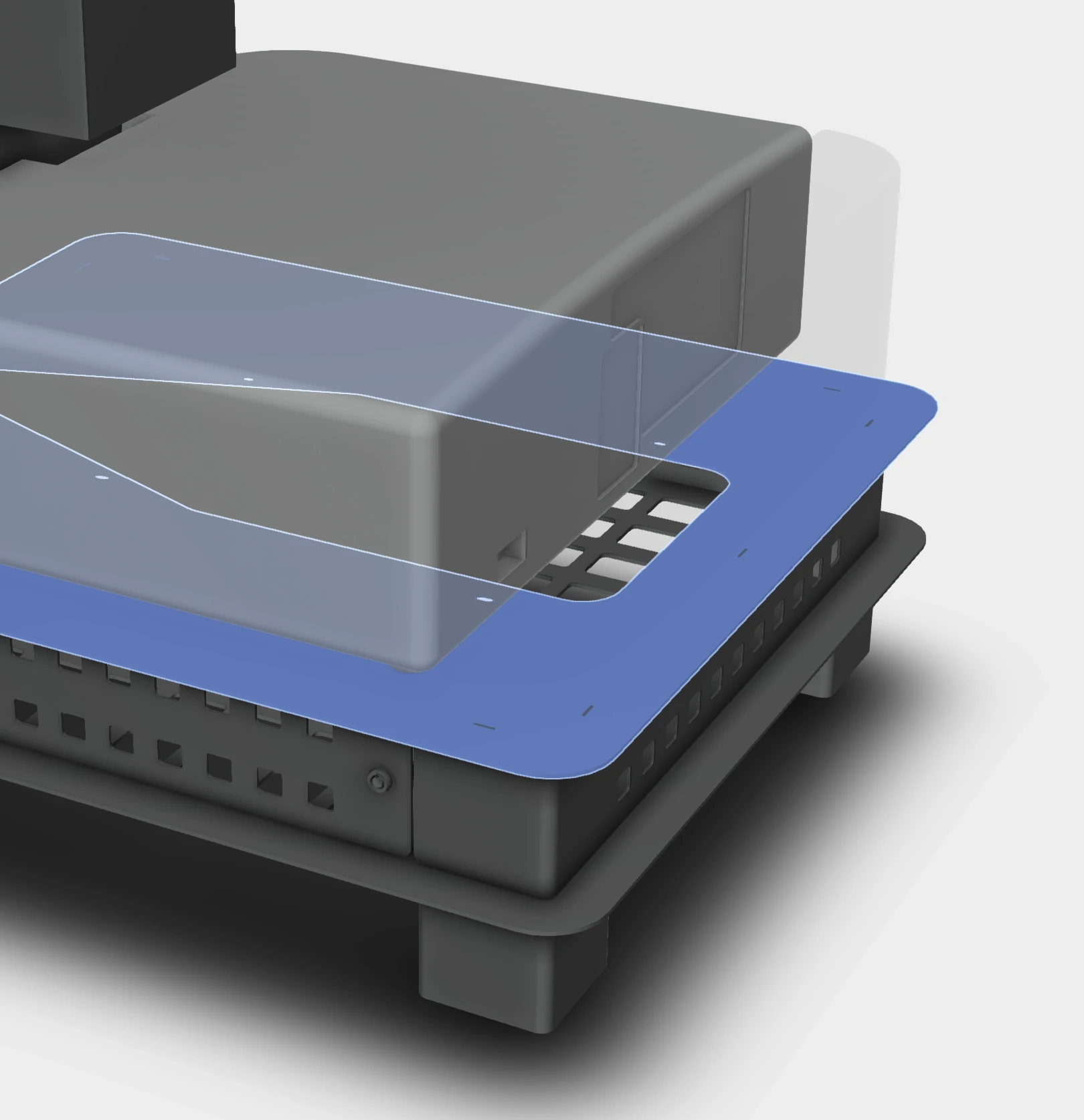 Close-up of the projector corner and the shelf beneath it, with the projector partially transparent.