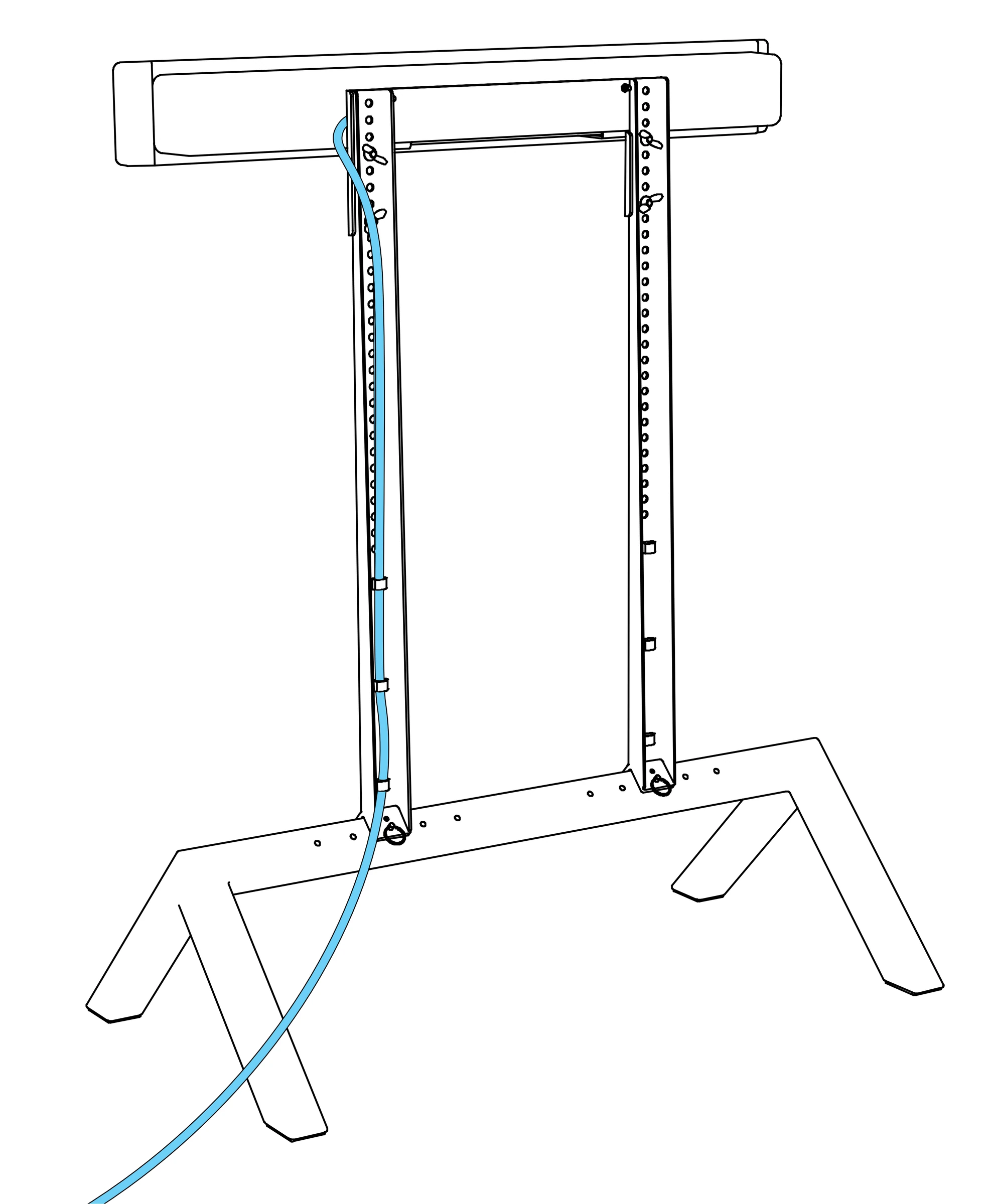 Rear view of the camera stand with a cable routed down one upright and held at several points.