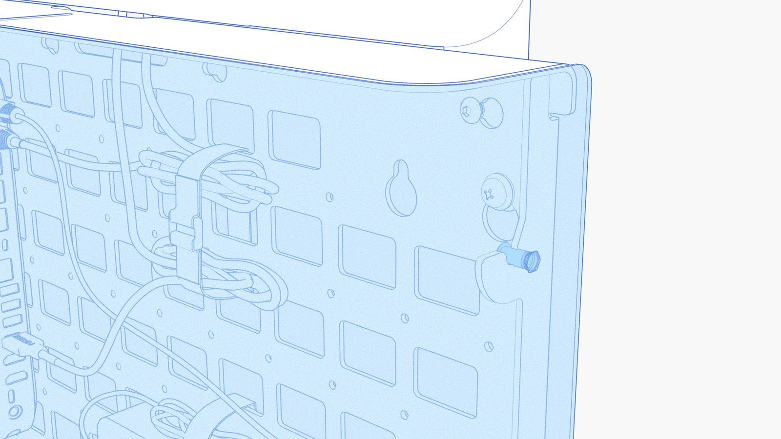 Close-up sequence of front-panel posts entering and seating in the body hooks.