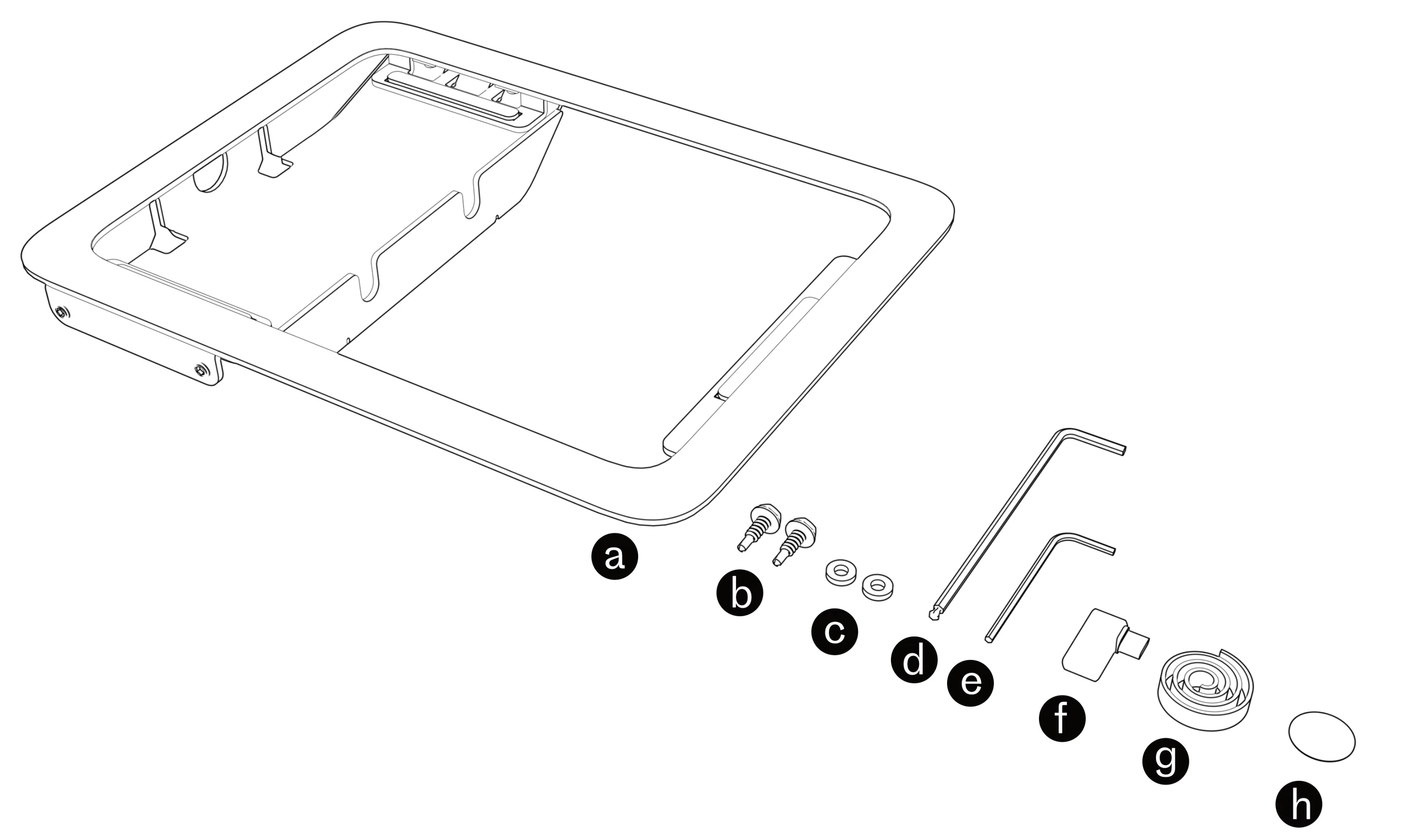 Included components labeled a–h: Side Mount, two mullion-mounting screws, two rubber washers, set-screw assembly key, enclosure assembly key, right-angle USB-C adapter, cable tie, and hook-and-loop dot set.
