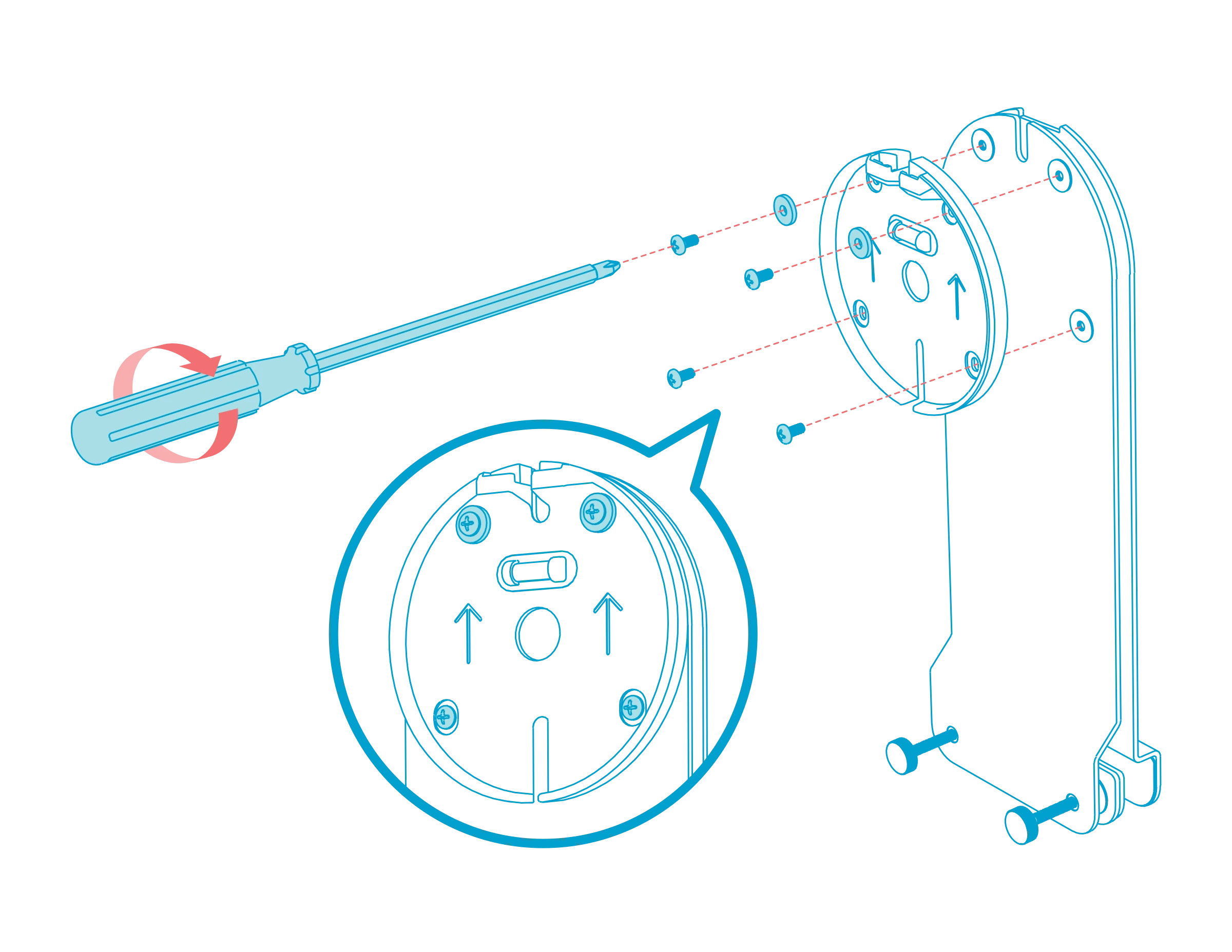 Four screws aligned through the circular Scribe mounting bracket into the whiteboard mount, with a Phillips screwdriver and an enlarged view of the upward orientation arrows.