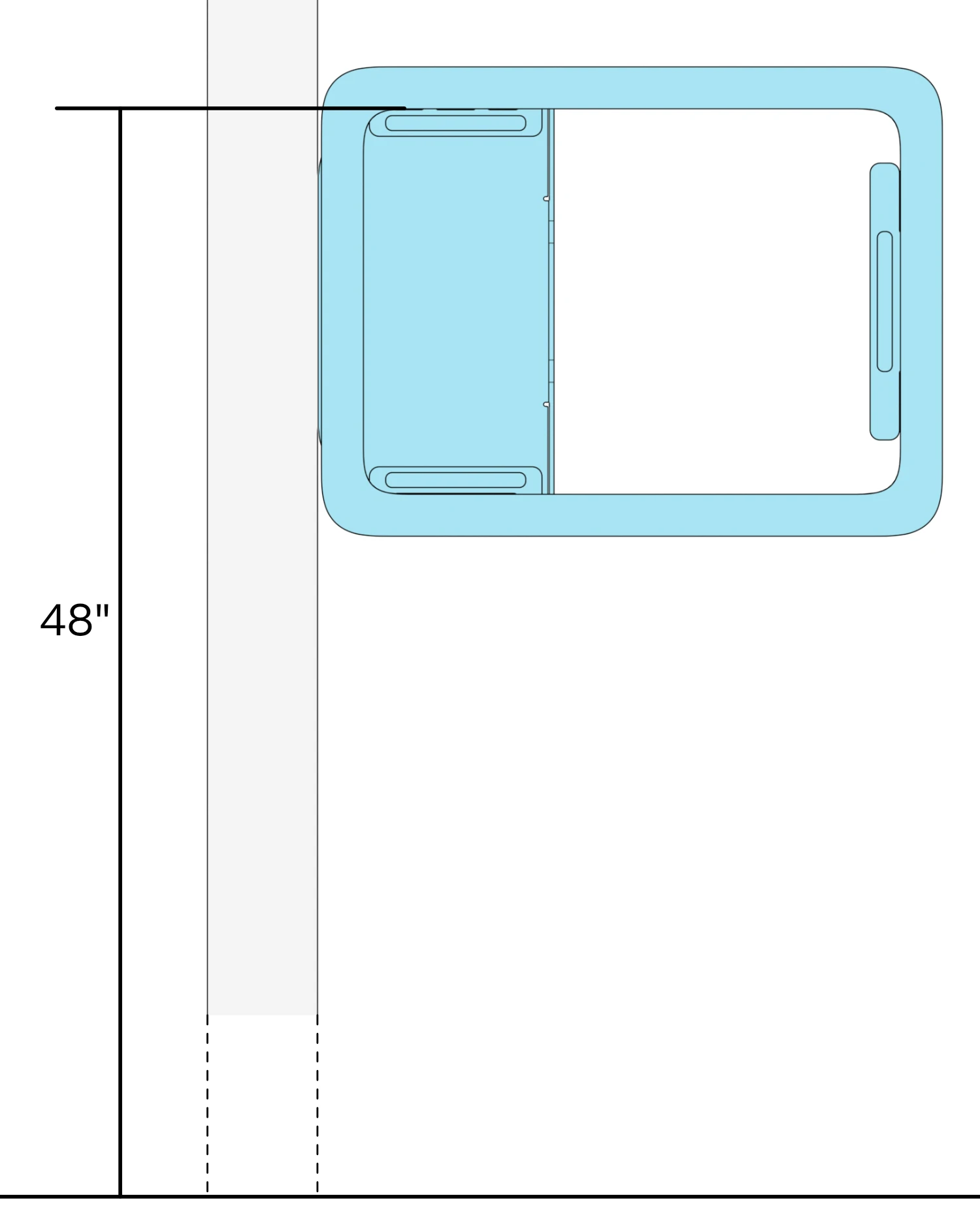 Side Mount positioned on a mullion, with a 48-inch maximum-height dimension from the finished floor to the top edge of the iPad screen.