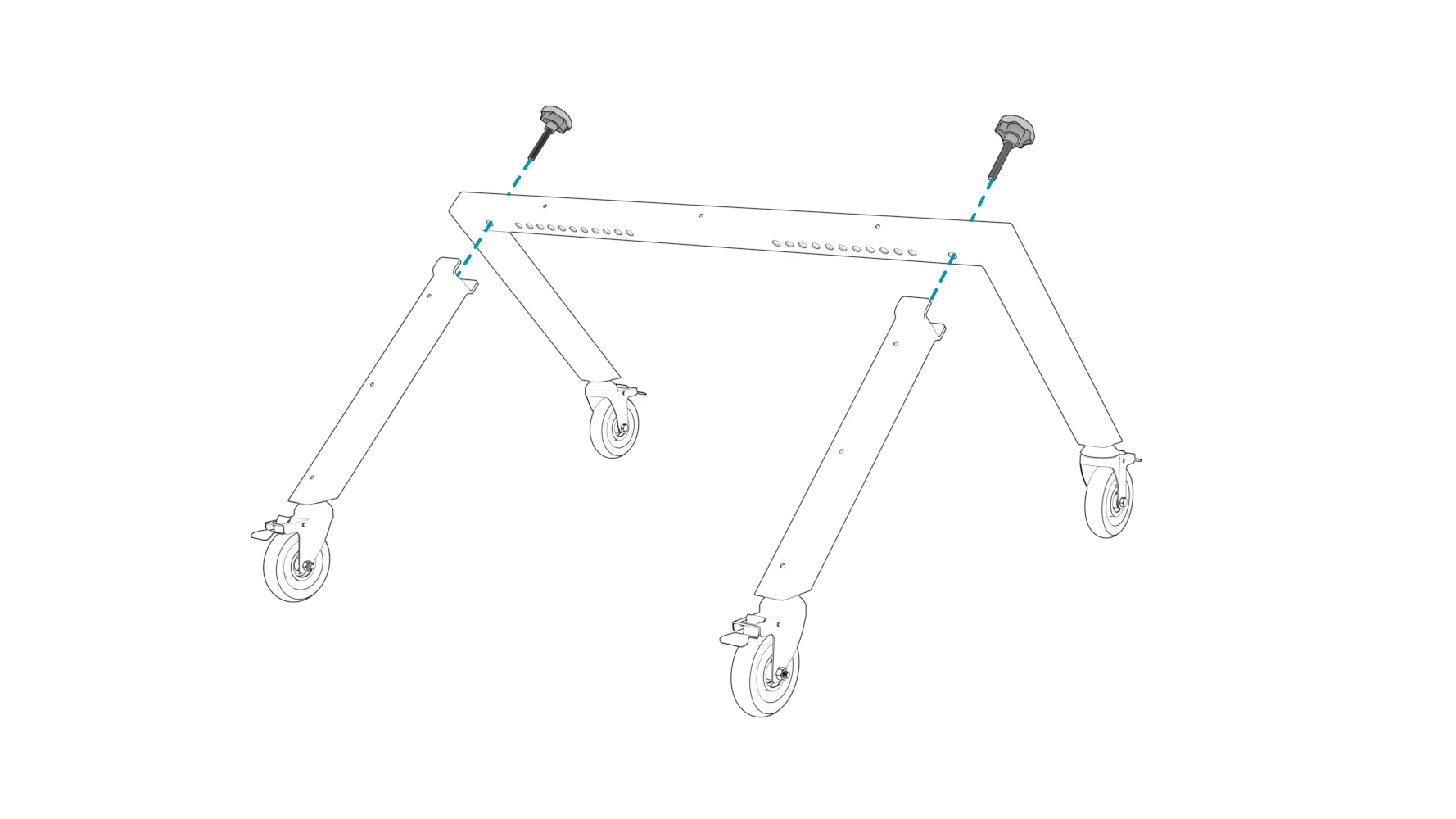 Rear legs overlapping the front base, with two knob screws aligned above the connecting holes.