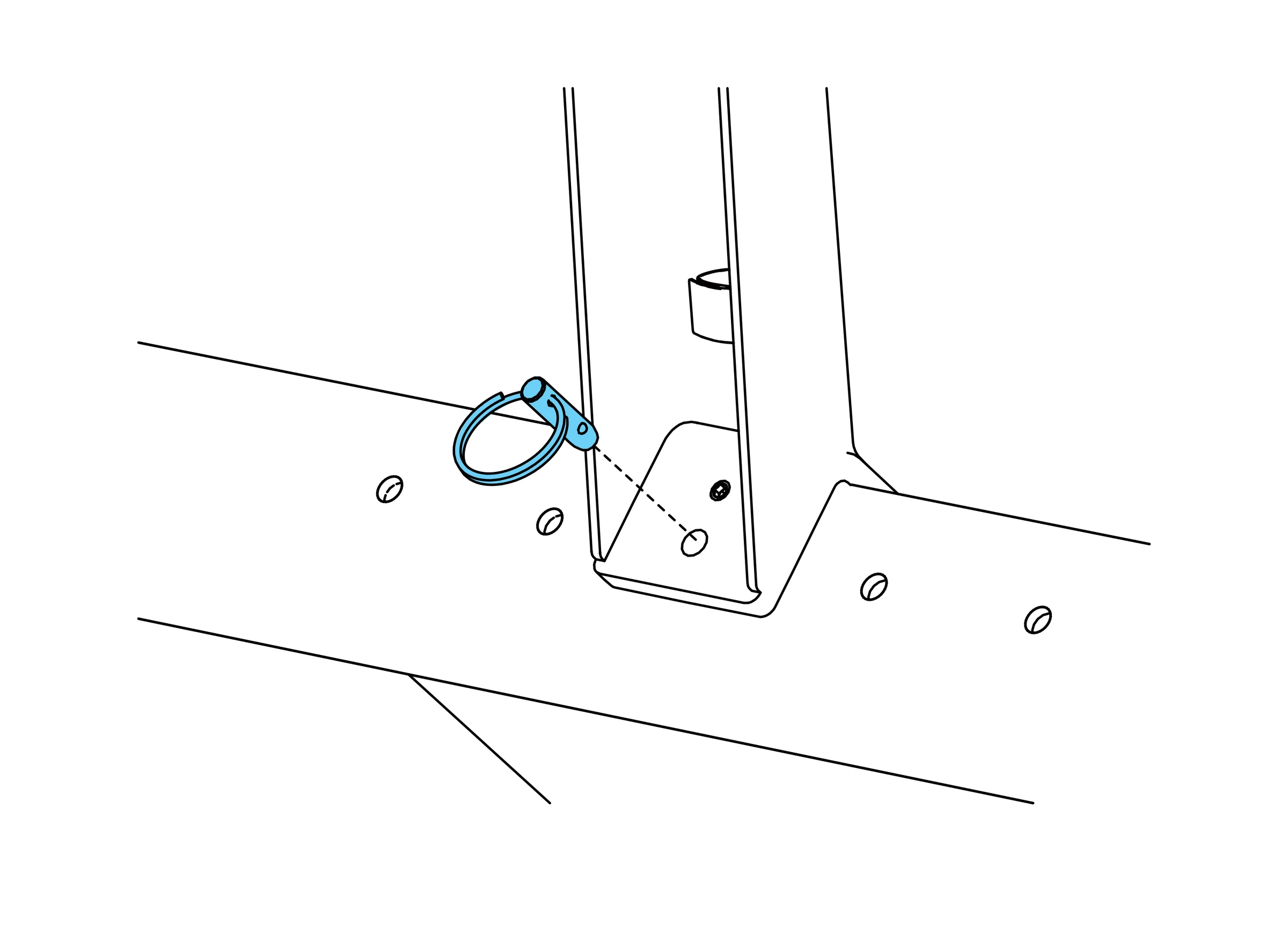 Ring-handled safety pin aligned with the hole through the arm and base connection.