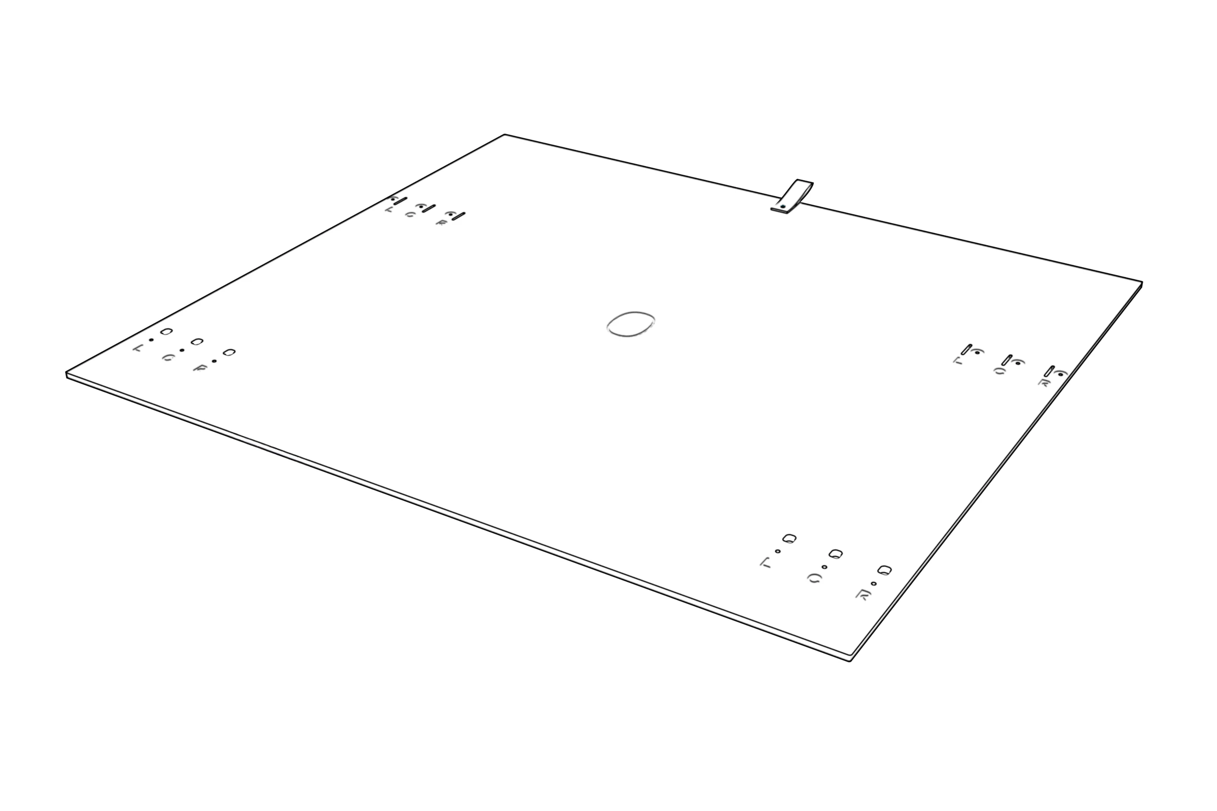 Rear face of a Framework panel, showing its mounting holes and top pull tab.