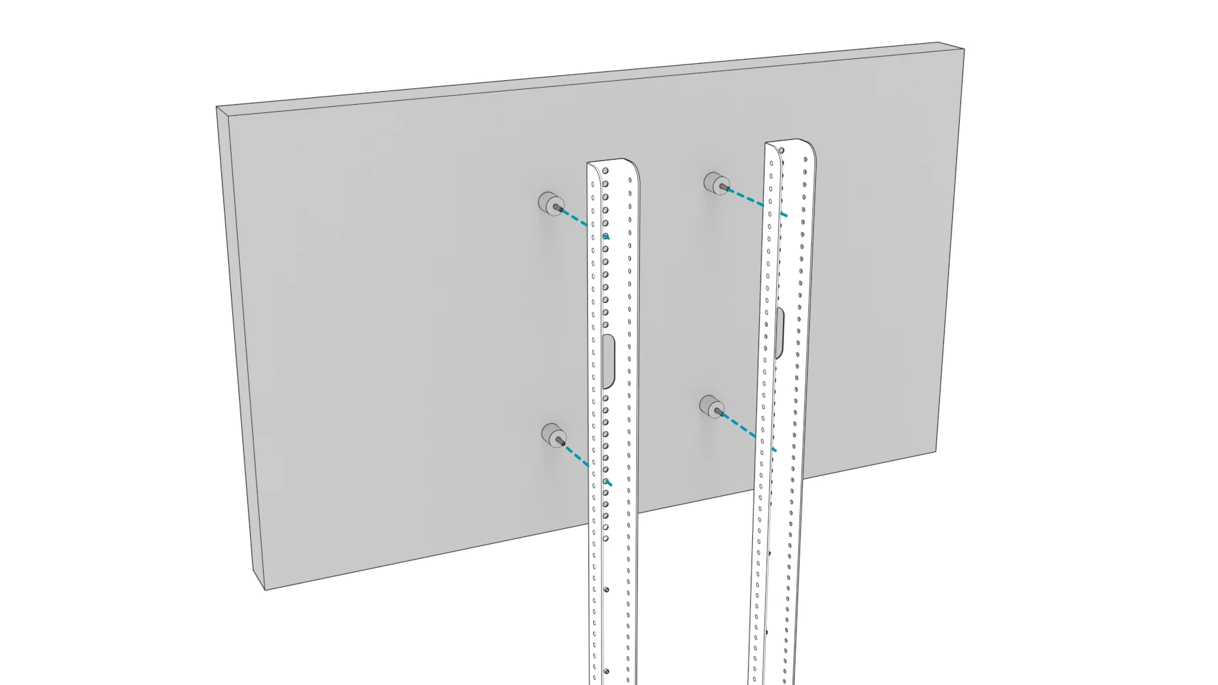 Rear of a display with four mounting studs aligned with holes in the two upright rails.