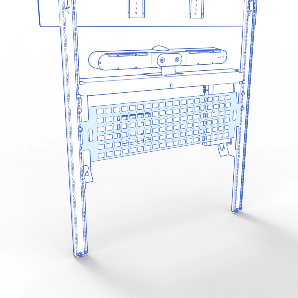 Rear view of the perforated device panel and its mounting hooks.
