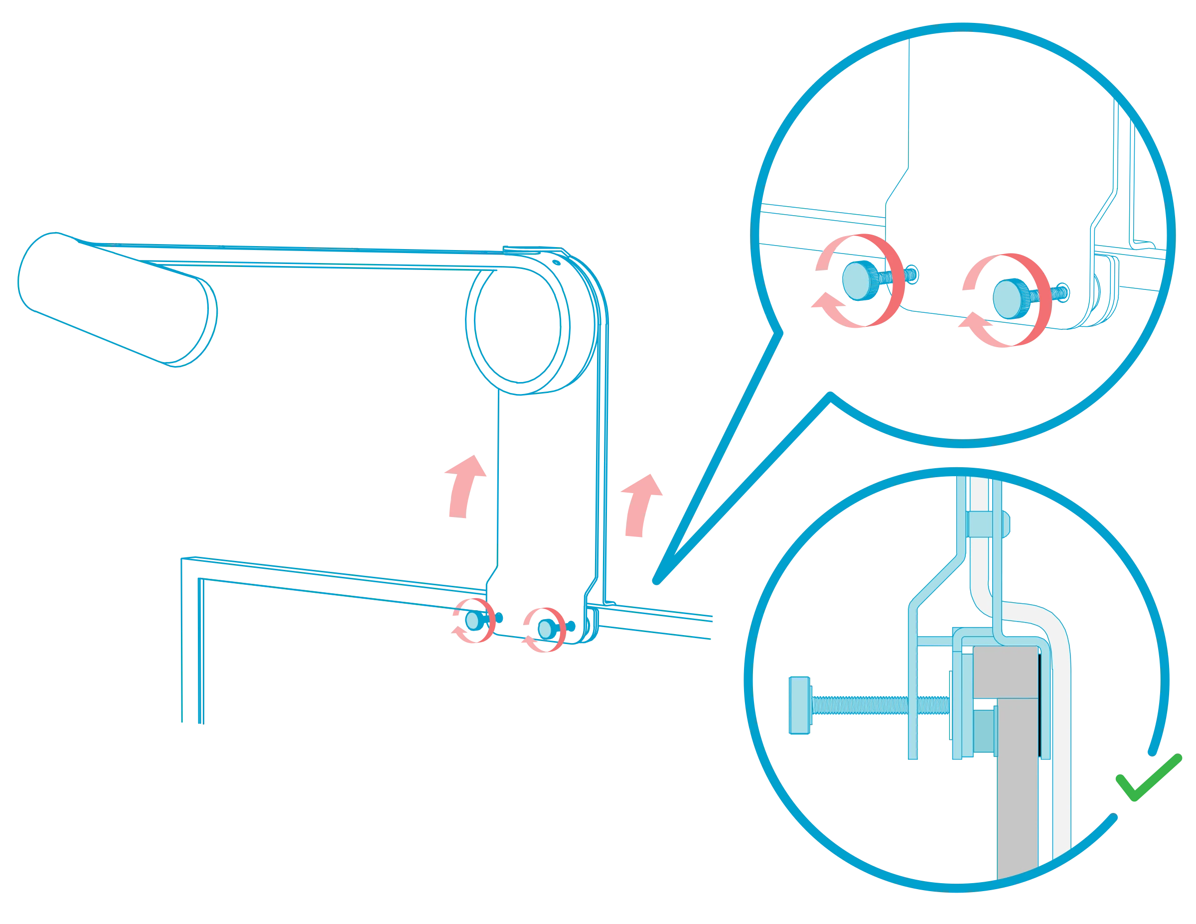 Two clamp thumbscrews shown with turning arrows; the side cross-section shows the moving plate against the whiteboard, with a check mark.