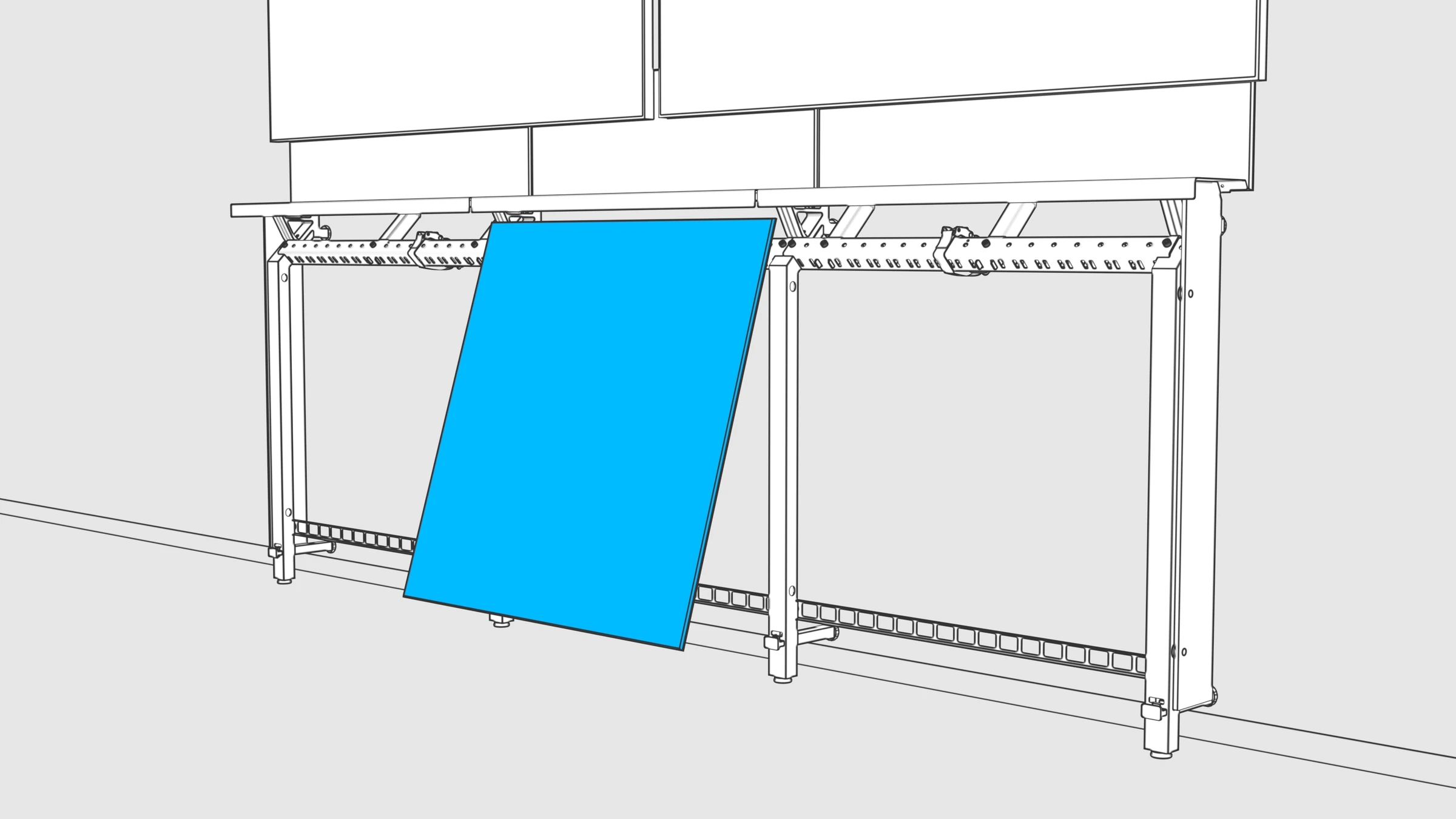 Inner front panel angled toward the center bay of the Framework structure.