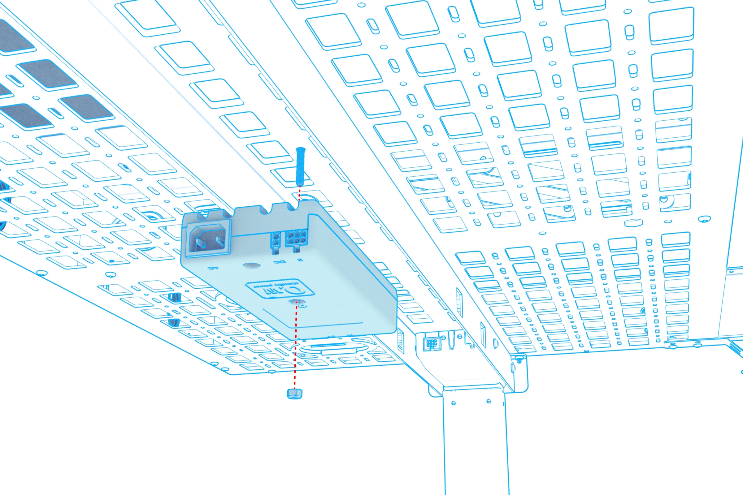 Controller aligned beneath the lectern’s center beam with its mounting screw and nut.
