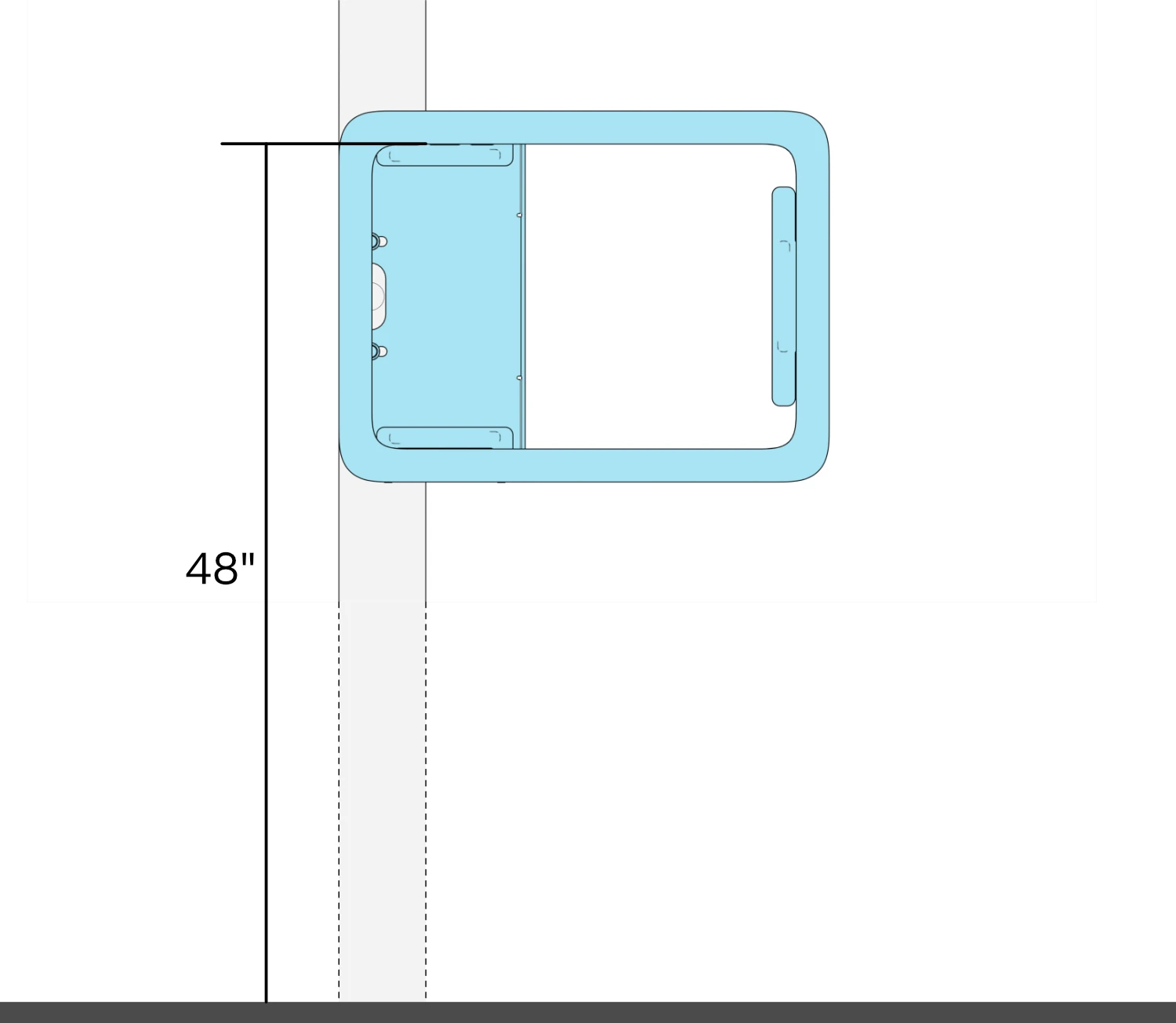 Front Mount positioned on a mullion, with a 48-inch maximum-height dimension from the finished floor to the top edge of the iPad screen.