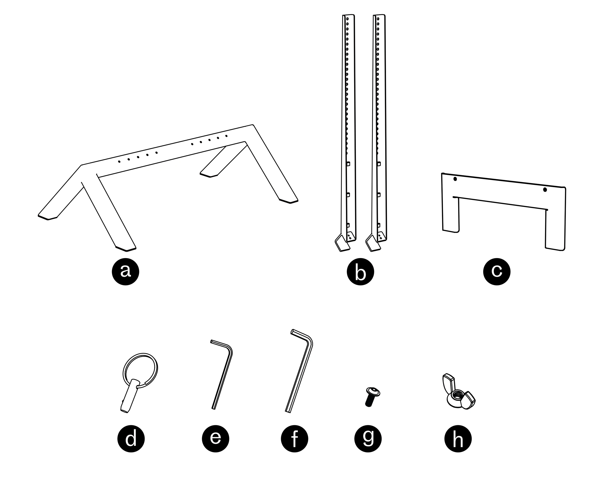 Labeled components: stand base, two upright arms, camera adapter, ring-handled safety pin, two hex keys, camera screw, and wing nut.