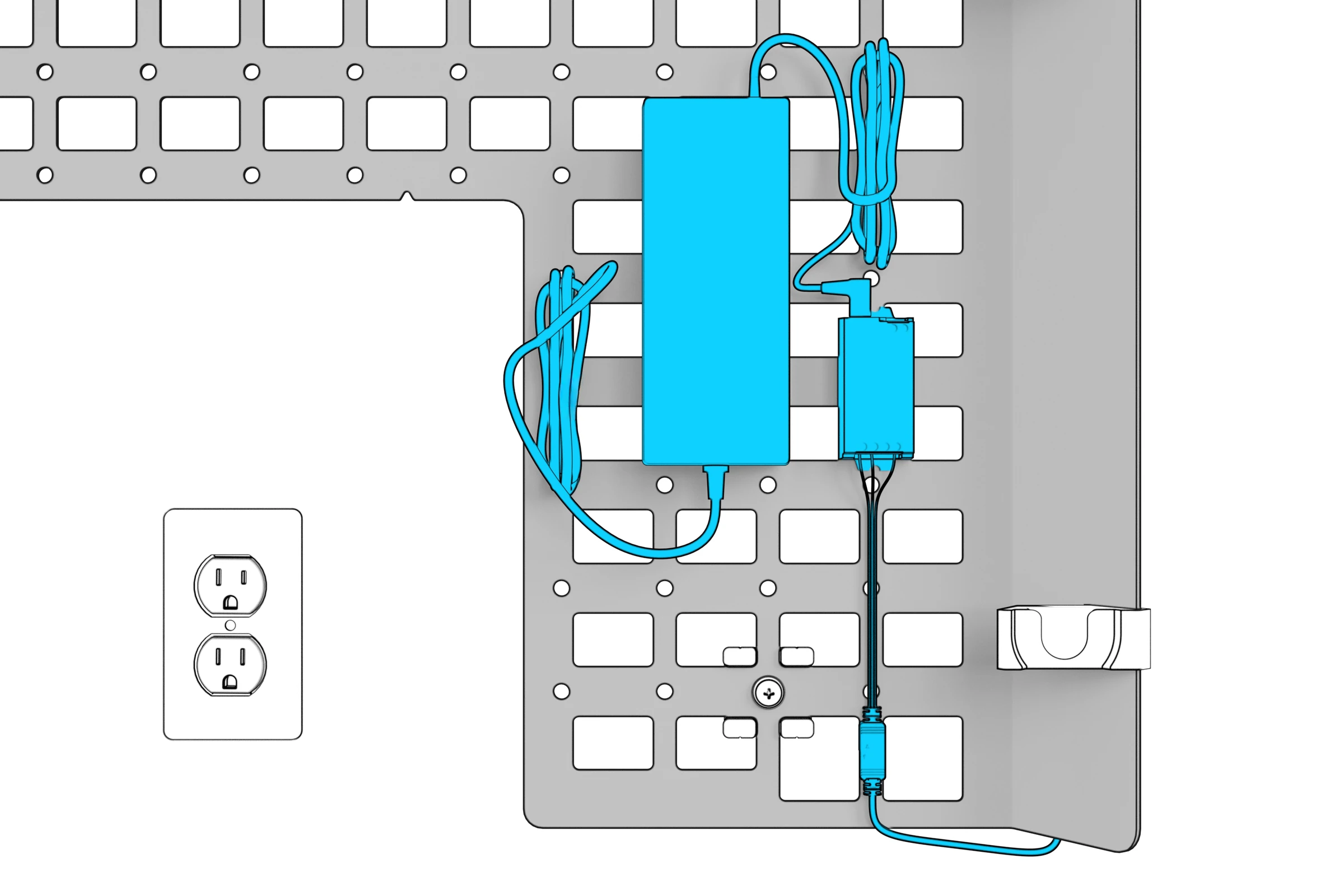 Right LED strip connected to the controller and power adapter on the chassis grid.