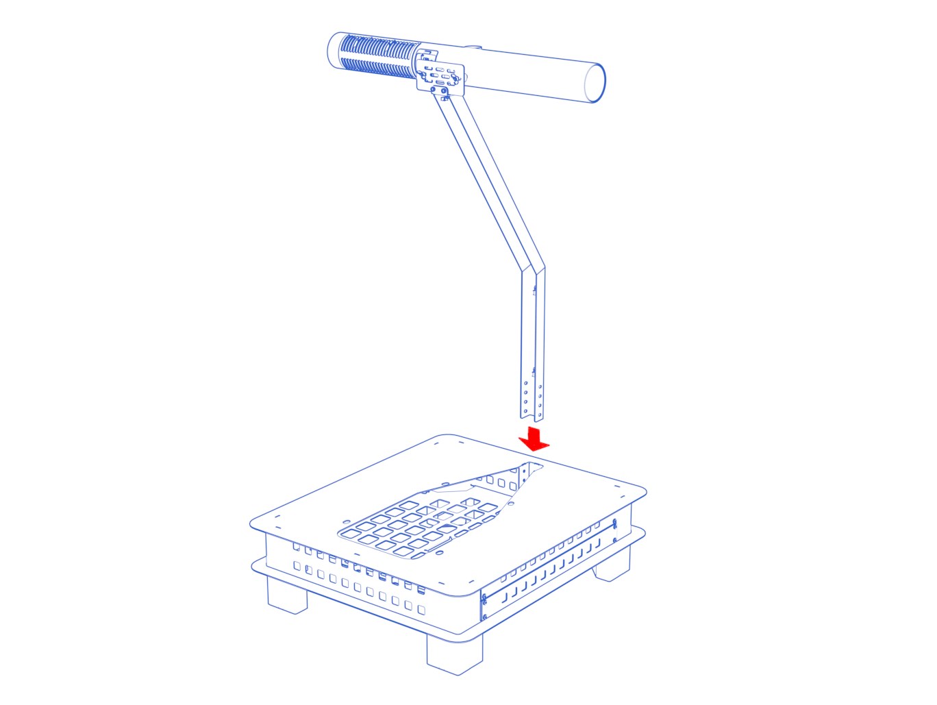 Animation of the camera and neck assembly lowering into the stand base.