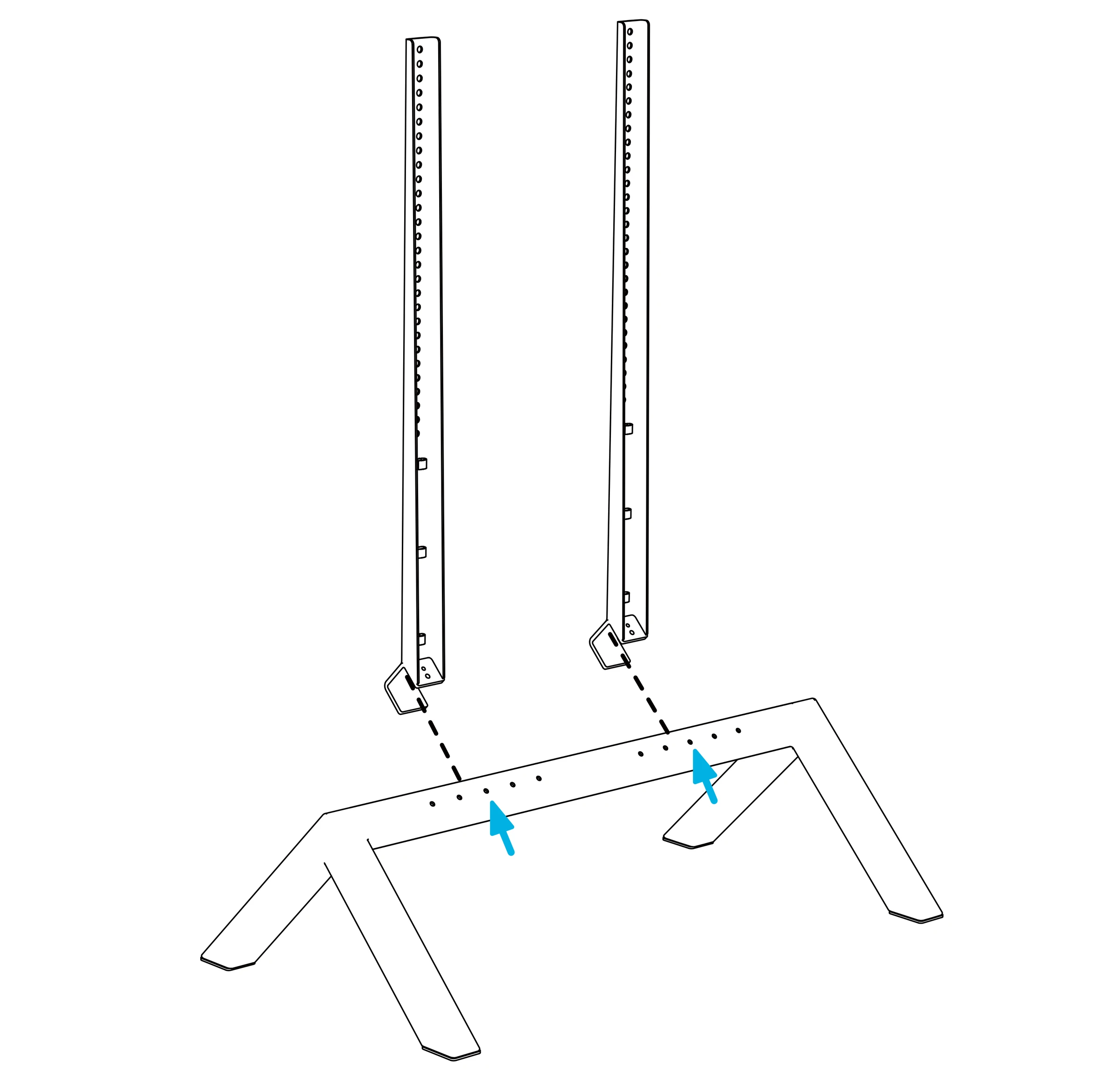 Two upright arms above the base, with dashed alignment lines and arrows at the middle mounting positions.