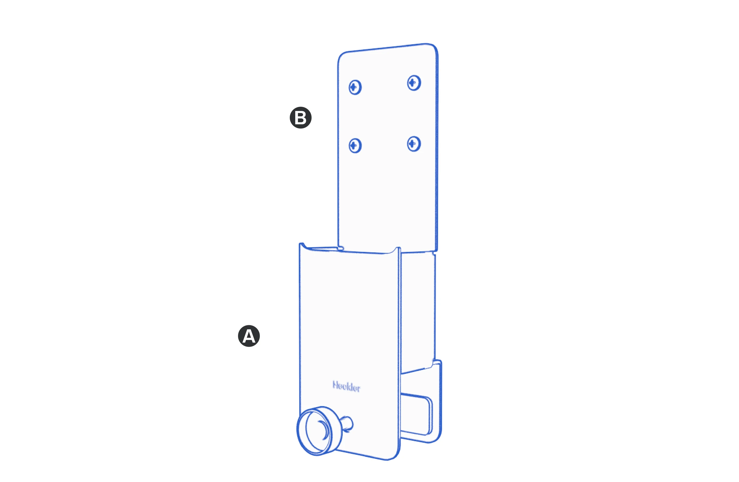 Whiteboard clamp mount with its clamping knob and four preinstalled screws on the camera mounting plate, labeled A and B.