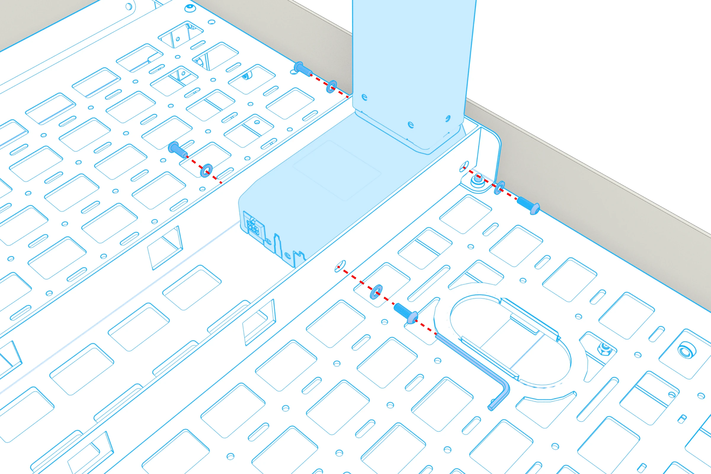 Second lift column aligned with the opposite end of the underside beam, with screw and washer positions indicated.