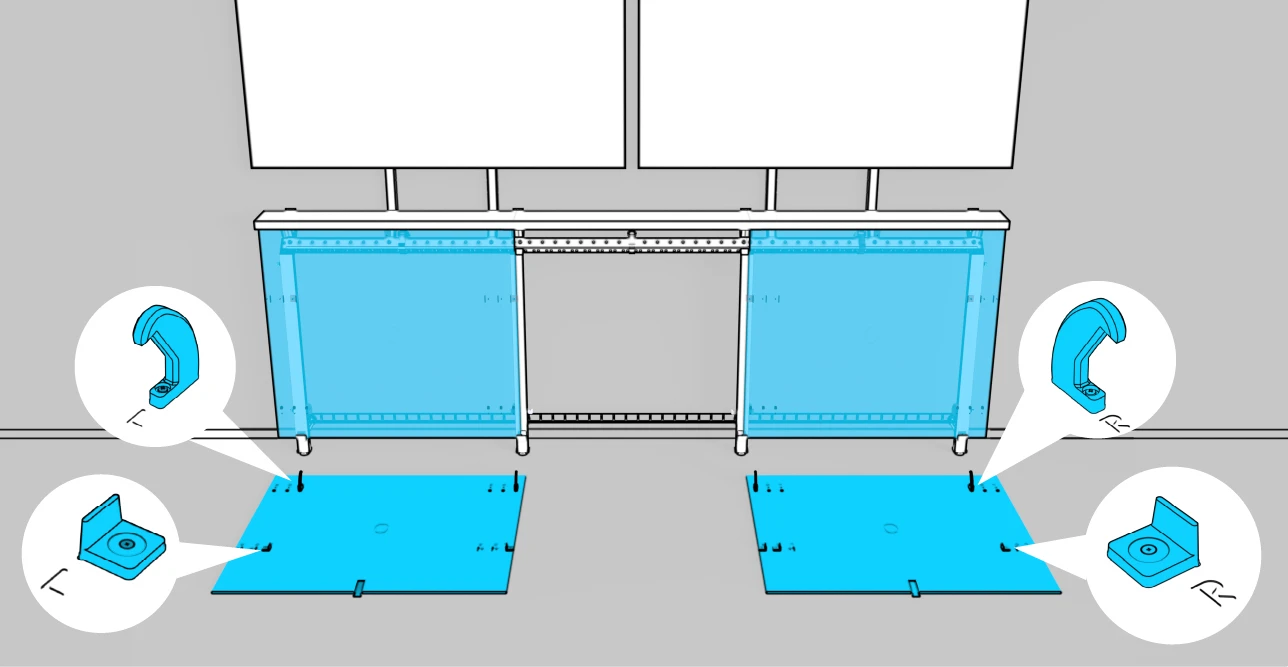 Left and right outer panels shown in front of the frame, with enlarged views identifying their L and R hook and magnet-holder positions.