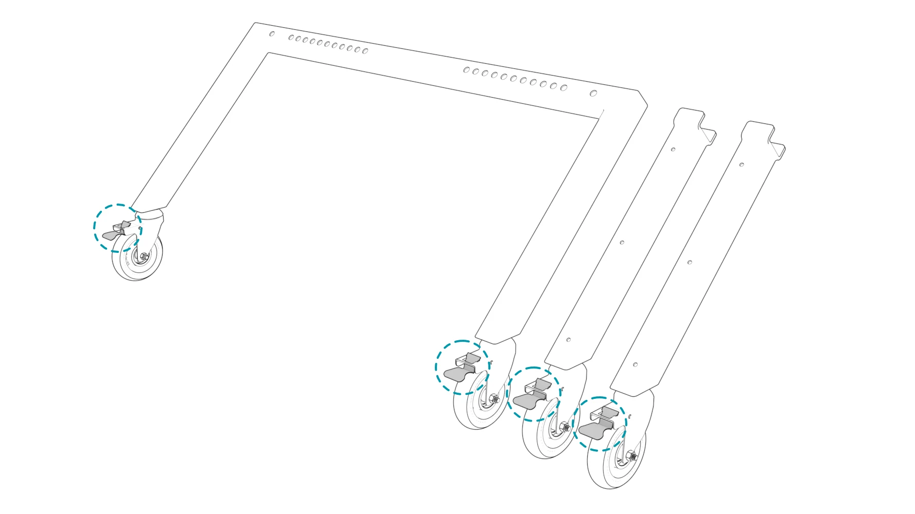 Assembled base with the brake on each of its four casters circled.