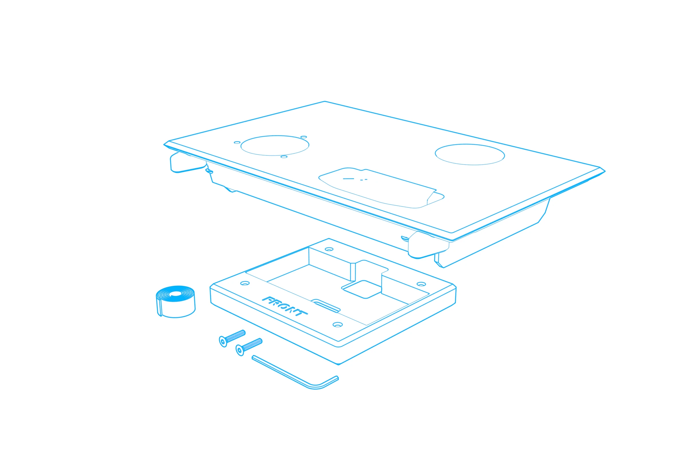 Console trim with two round openings and a rectangular opening, a separate charger base, self-adhesive hook-and-loop material, screws, and an assembly key.