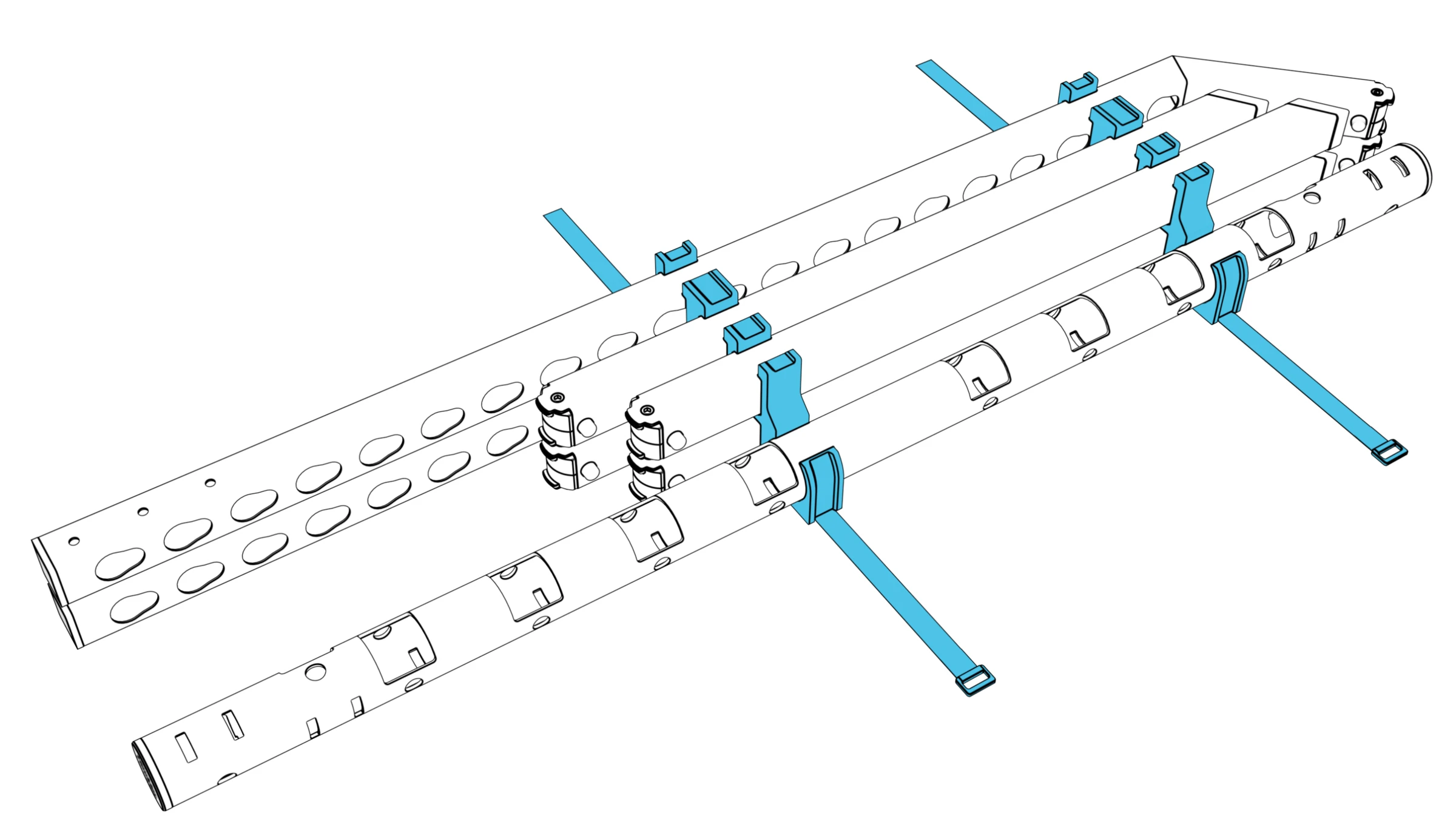 Two unfastened straps extended across the packed stand components and storage rings.