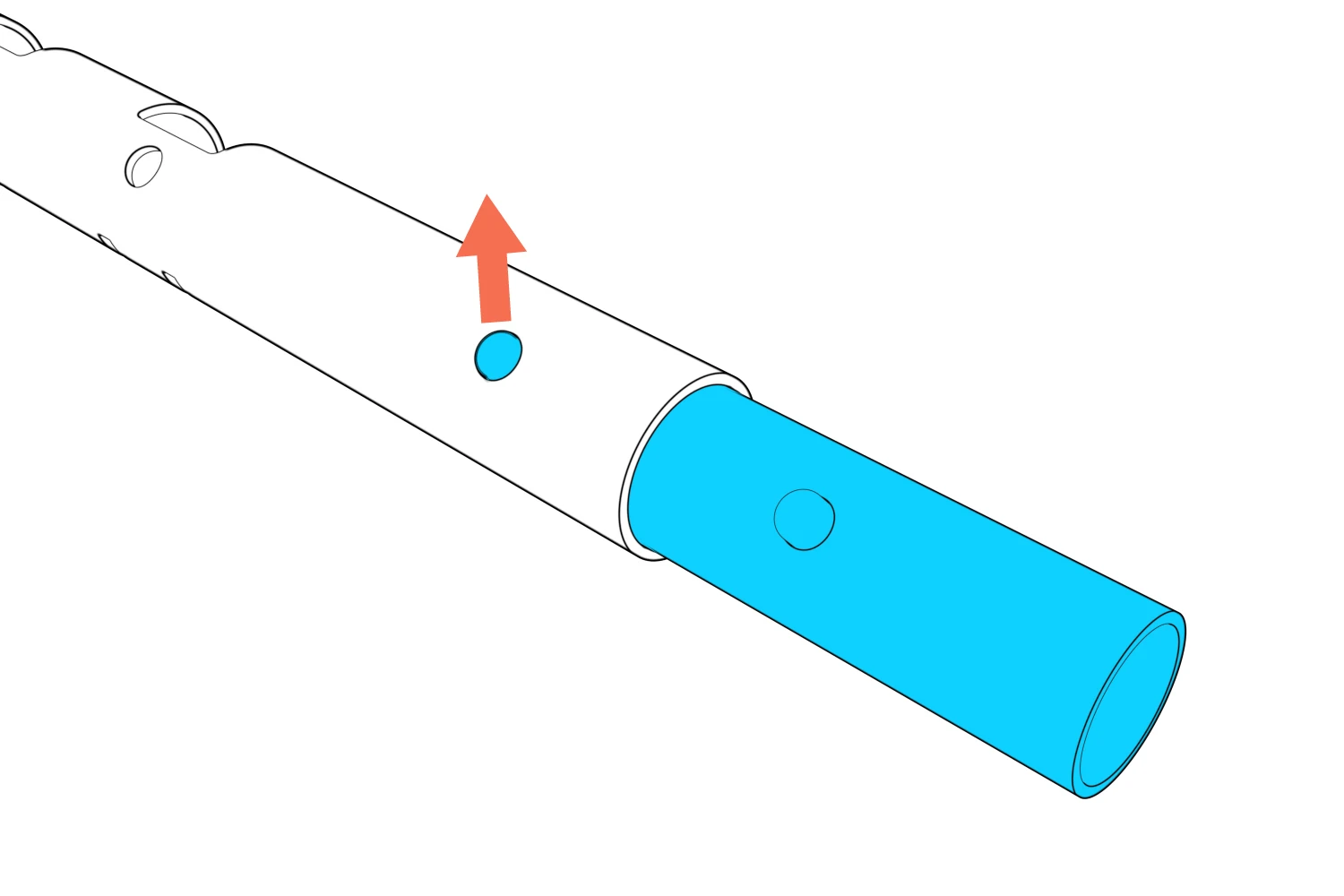 Coupler extended from a beam segment with its next spring button projecting through the beam.