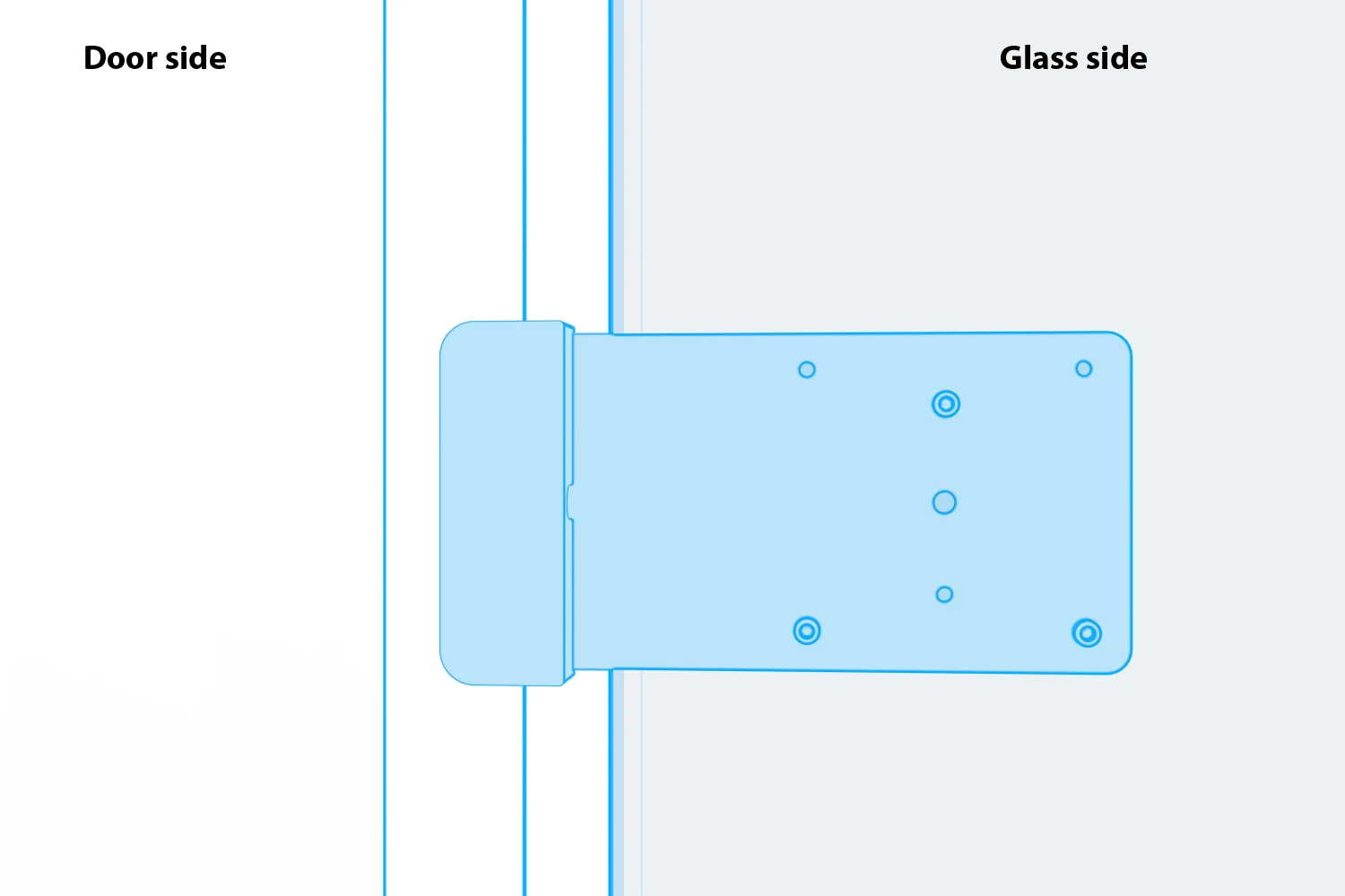 Right-side mounting arrangement, with the bracket extending toward the glass and the door to the left.