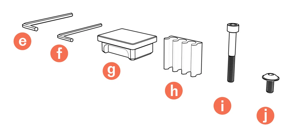 Hardware diagram labeled e–j: two hex keys, column cap, cable manager, long lower mounting screw, and short upper mounting screw.