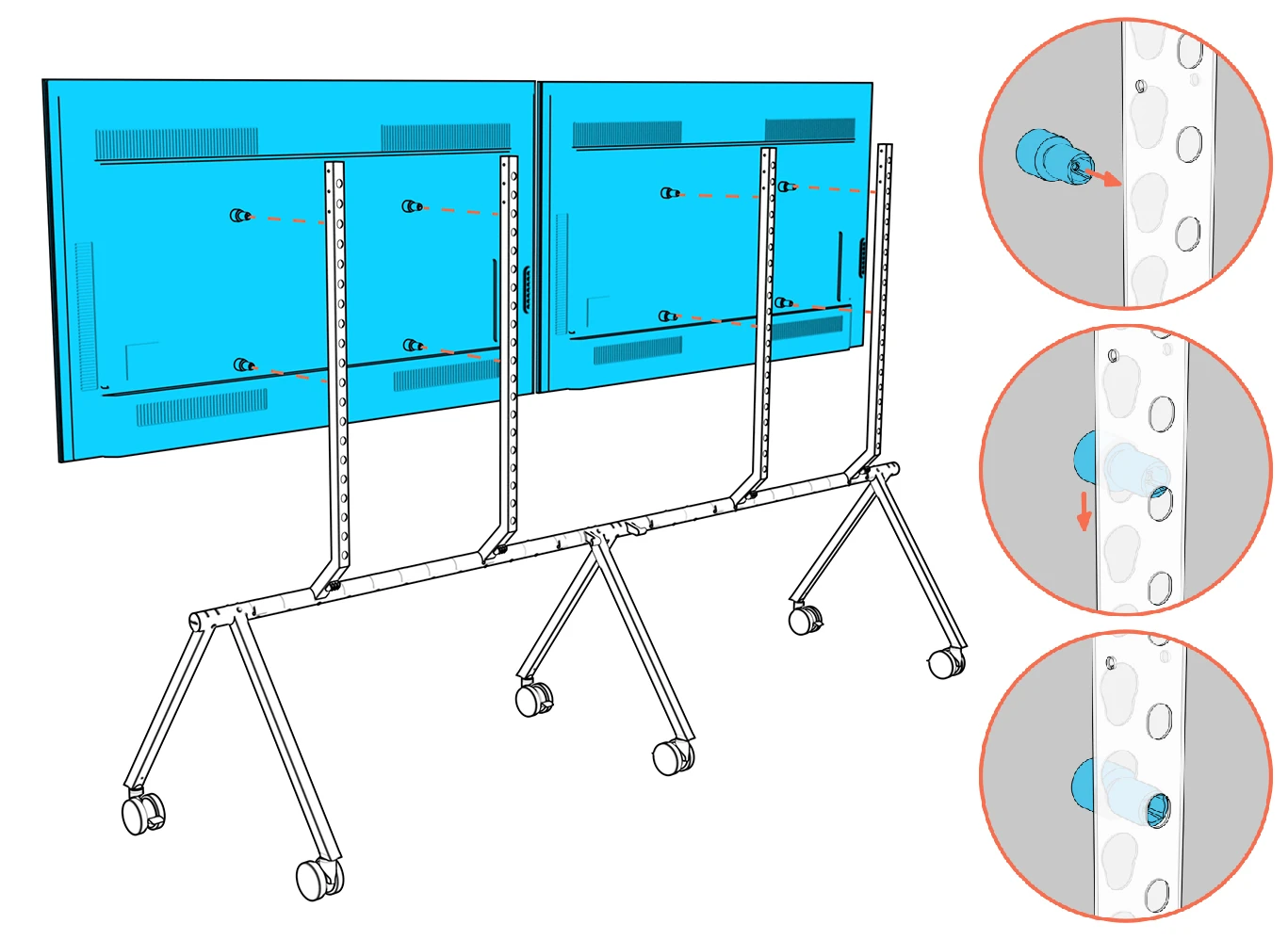 Display anchors entering the column keyholes and lowering into the slots, shown in close-ups.