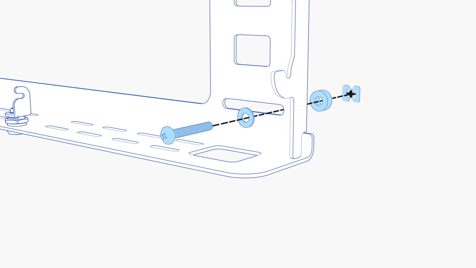 Lower wall screw, washer, and spacer entering the credenza mounting position and then seated.