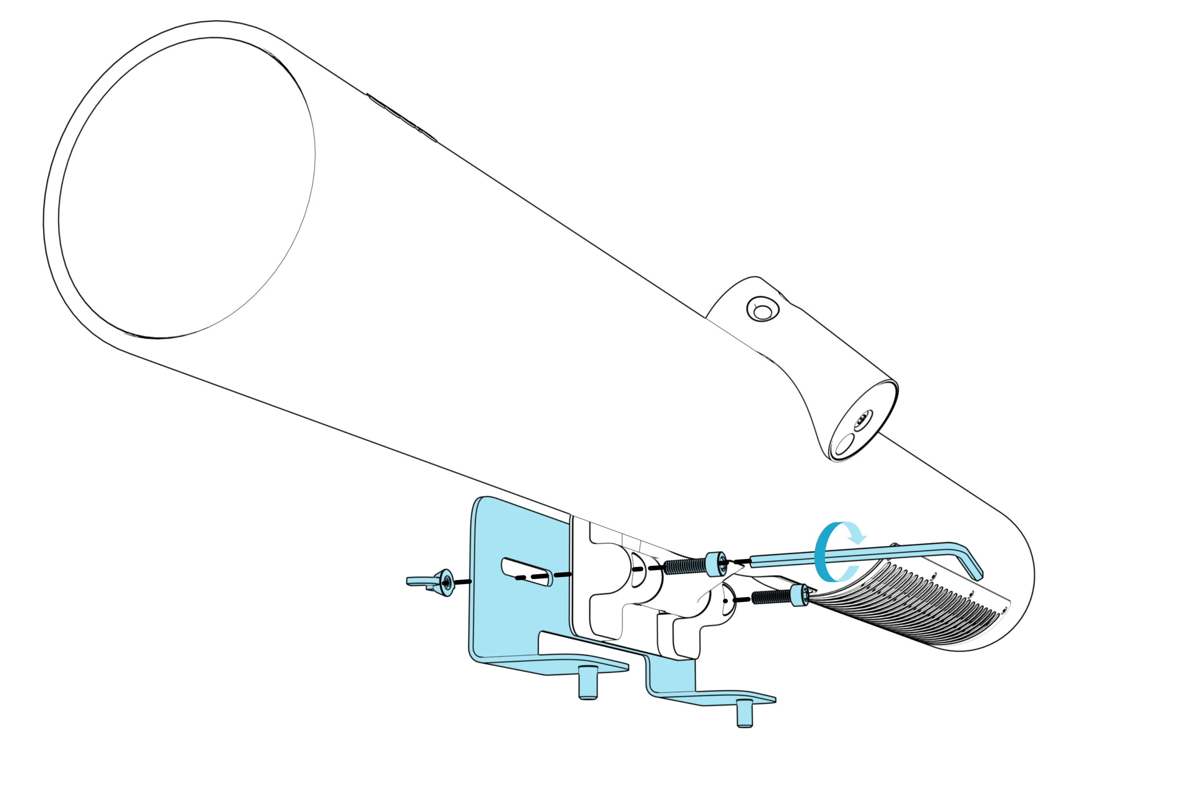 Exploded view of the PanaCast 50 bracket, camera, mounting screws, wing nuts, and hex key.